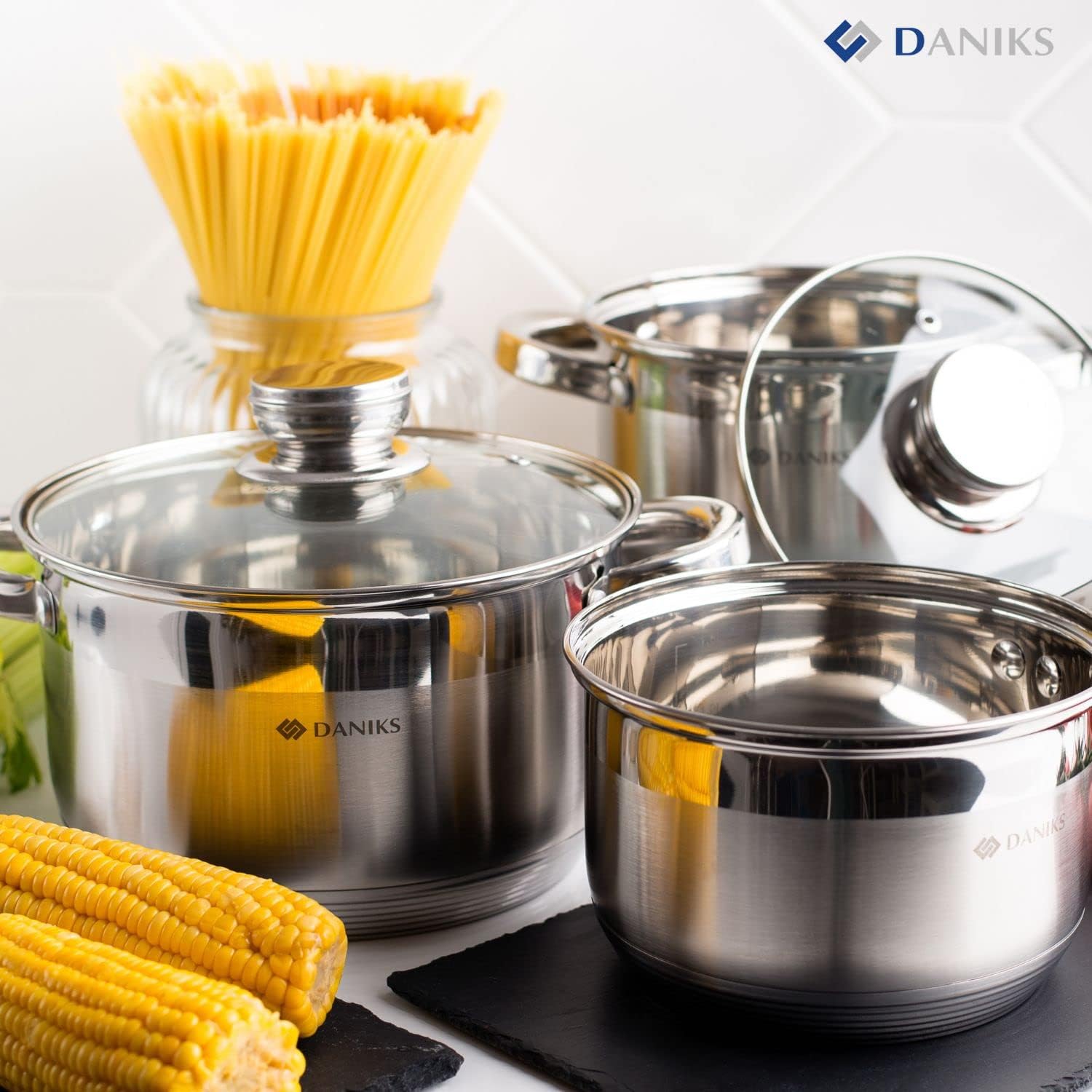Daniks Standard Stainless Steel Stock Pot with Glass Lid 4 Quart
