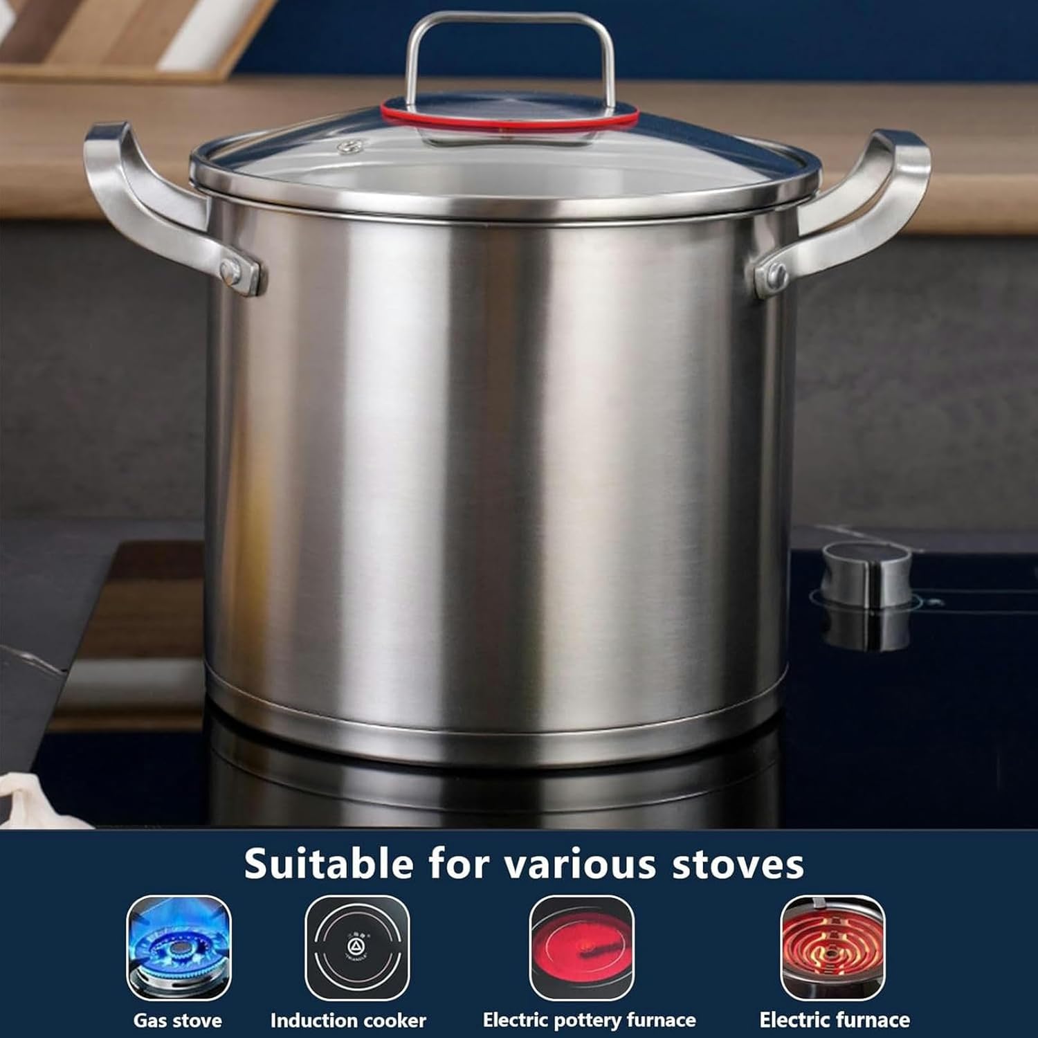 Sturdy 304 Steel Stock Pot with Glass Lid
