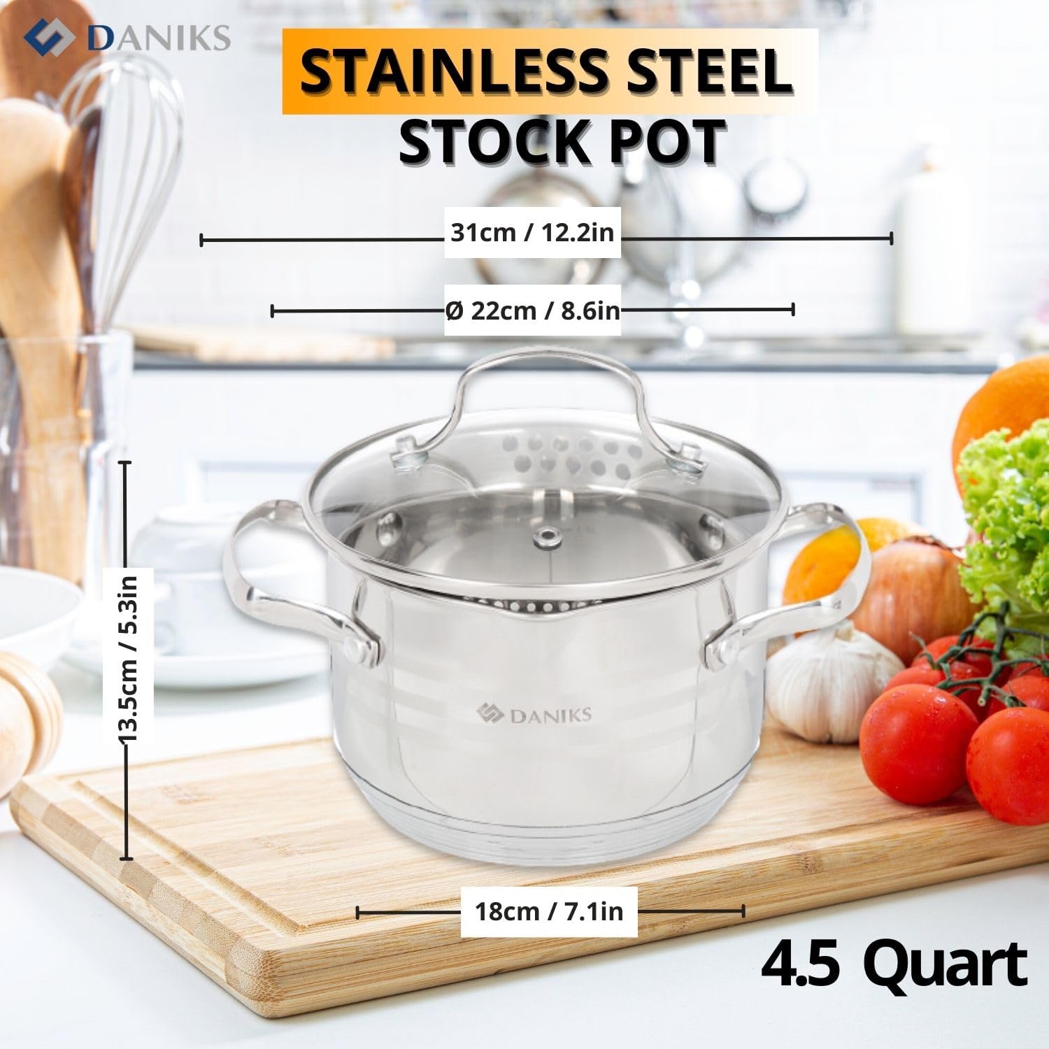 Daniks Tokio Stainless Steel Stock Pot with Glass Lid