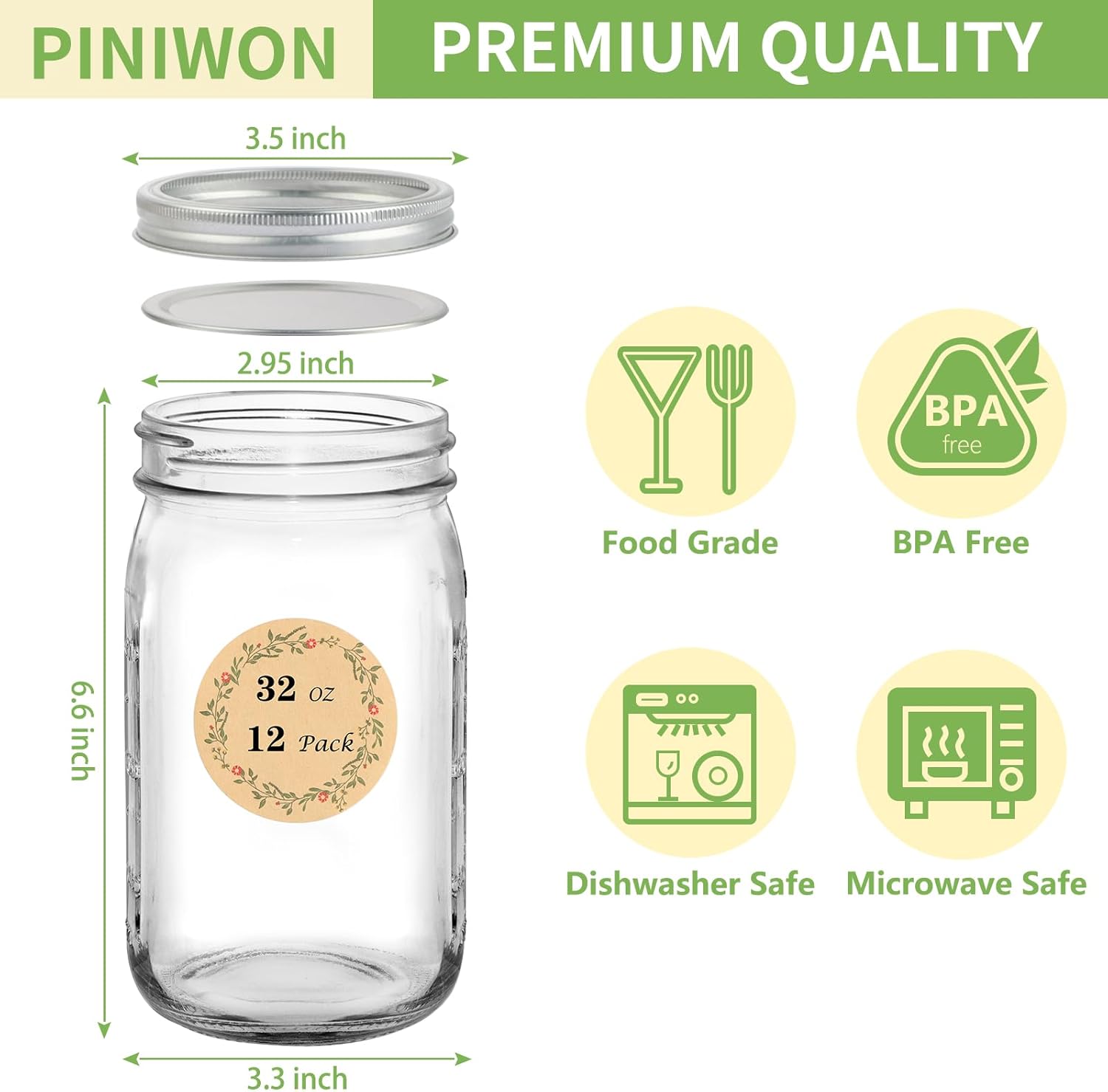 PINIWON Wide Mouth Mason Jars 32 oz 12 Pack