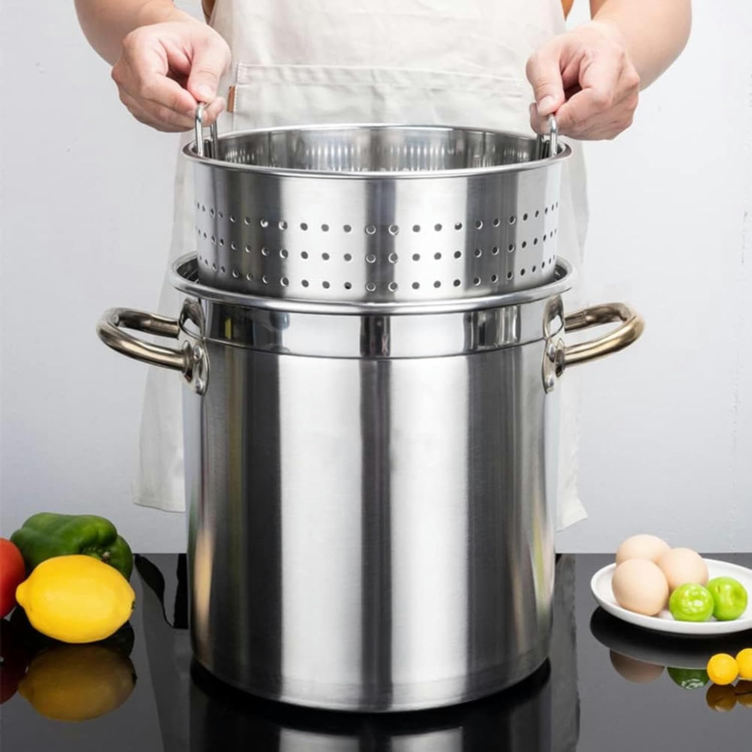 Wzglod 48cm Stainless Steel Stock Pot Strainer Basket Insert with Handle - Silver