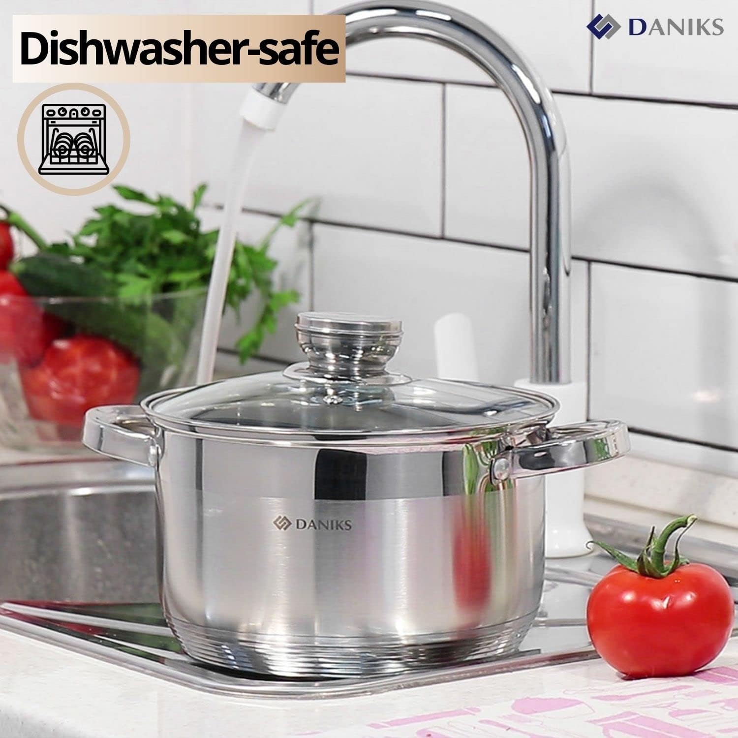 Daniks Standard Stainless Steel Stock Pot with Glass Lid 4 Quart
