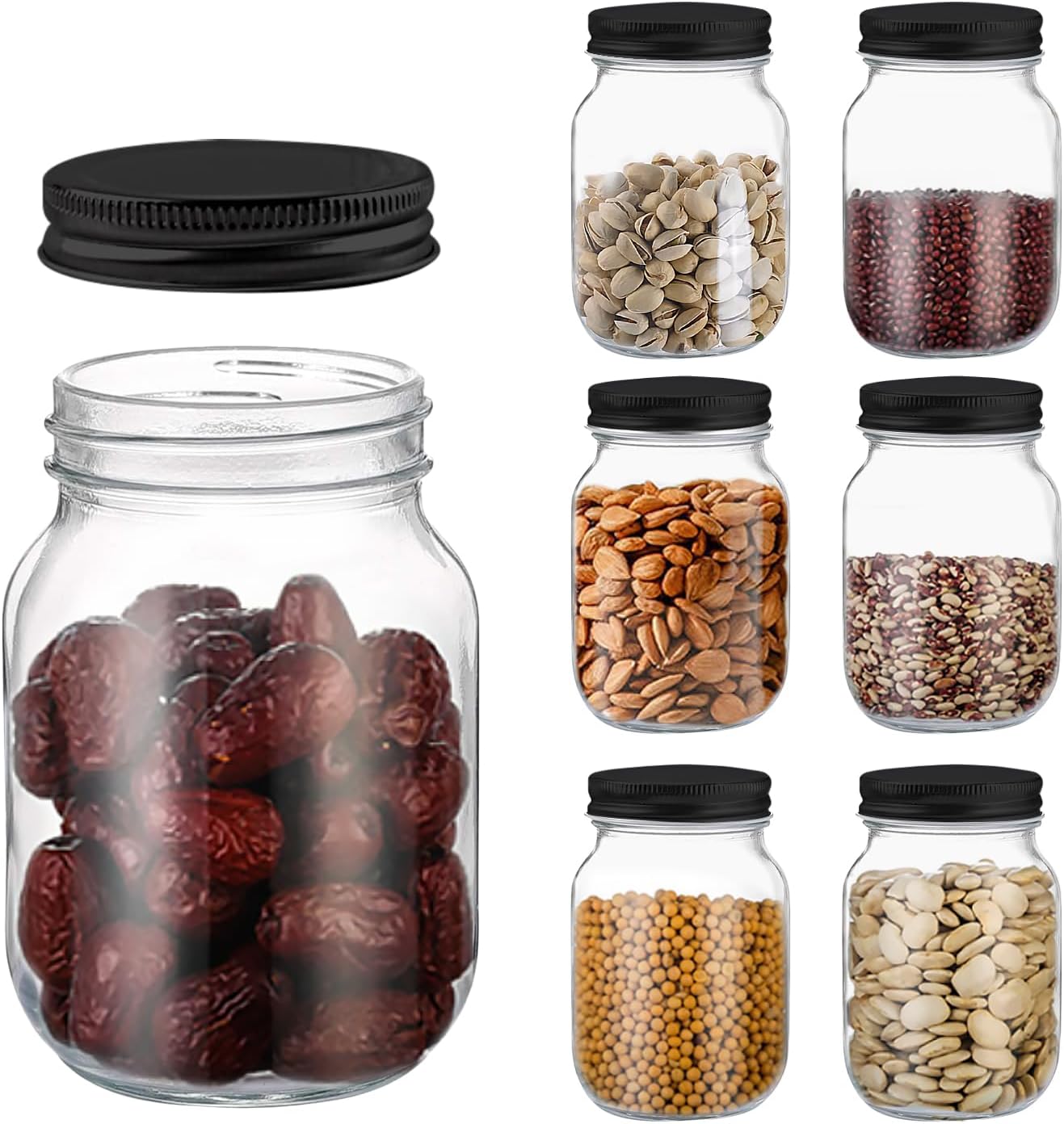 Novelinks 16 OZ Clear Plastic Mason Jars with Airtight Lids - 6 Pack Black