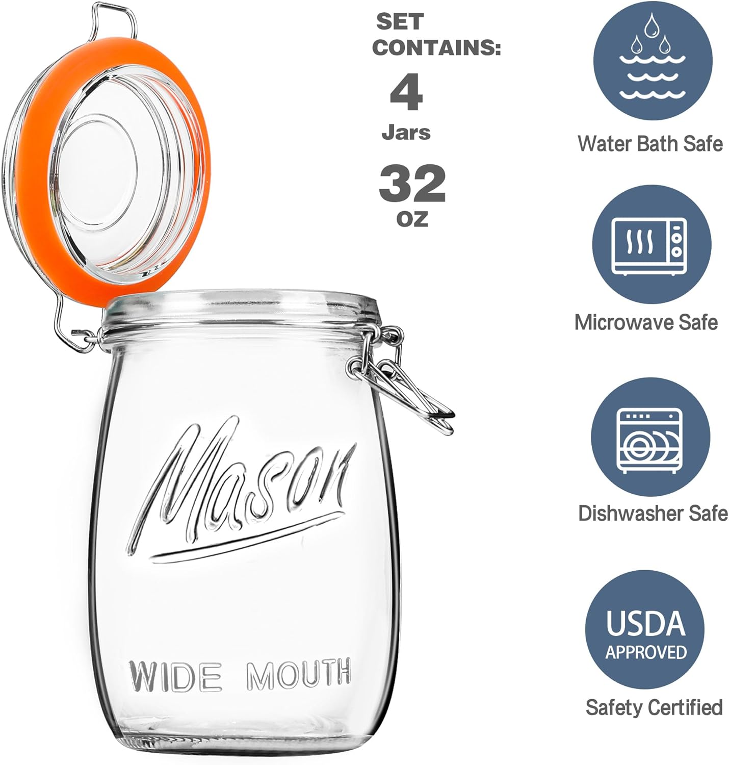 Anwoi Wide-Mouth Mason Jars 4-Pack 32 oz