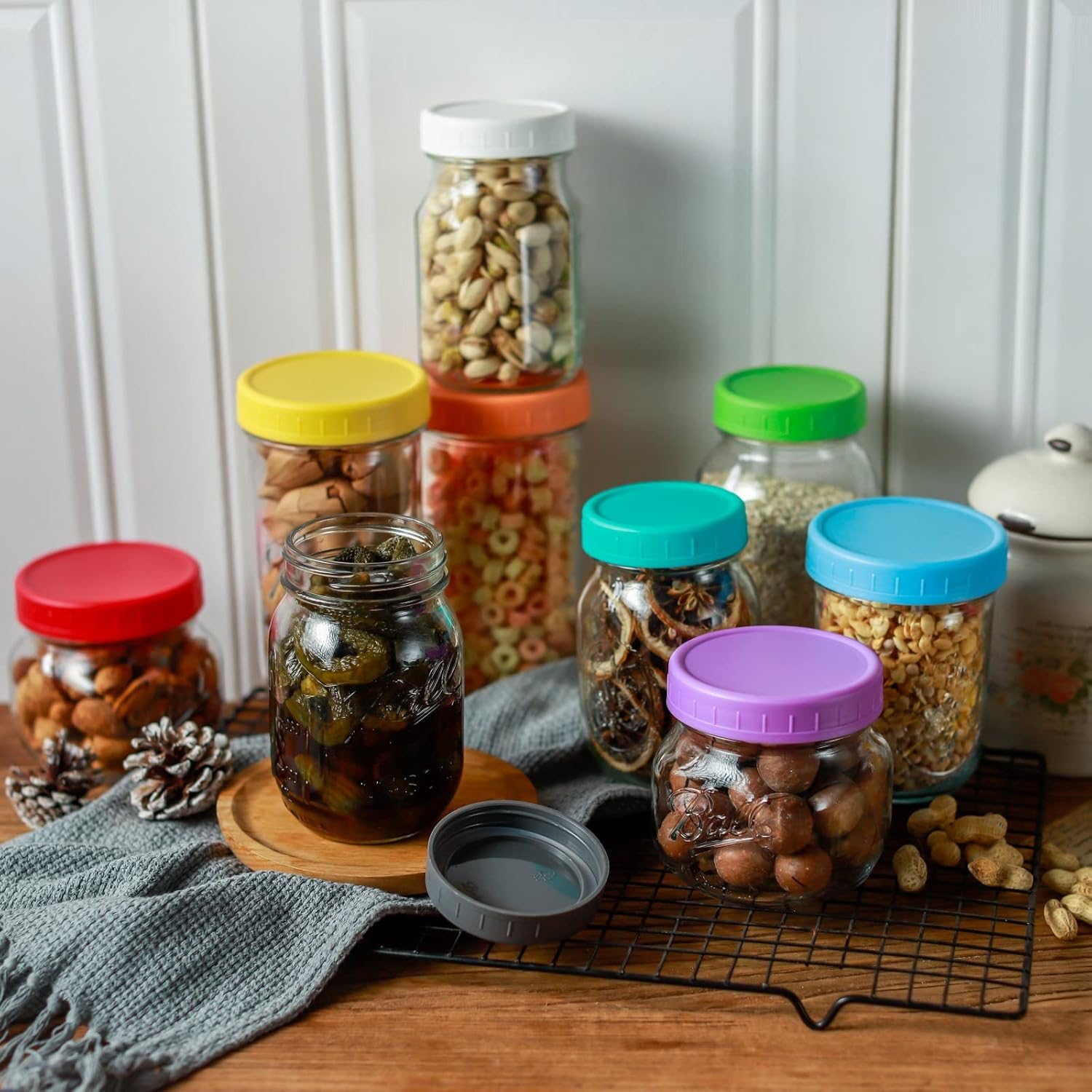 Premium 14-Pack Plastic Mason Jar Lids with Silicone Rings