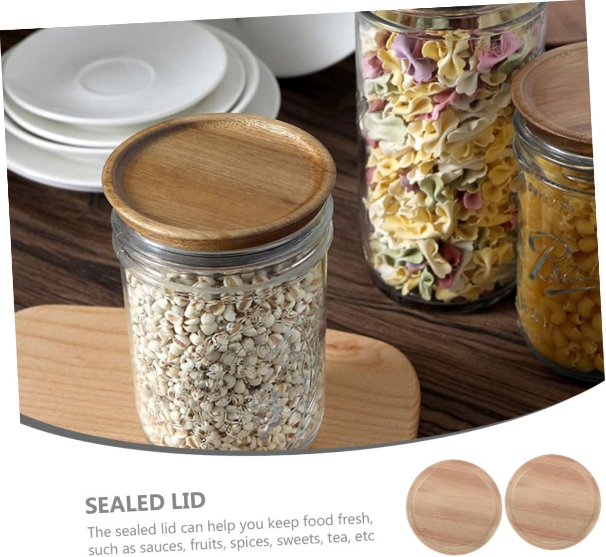 VOSAREA 2PCS Mason Jar Wooden Lids with Silicone Seal