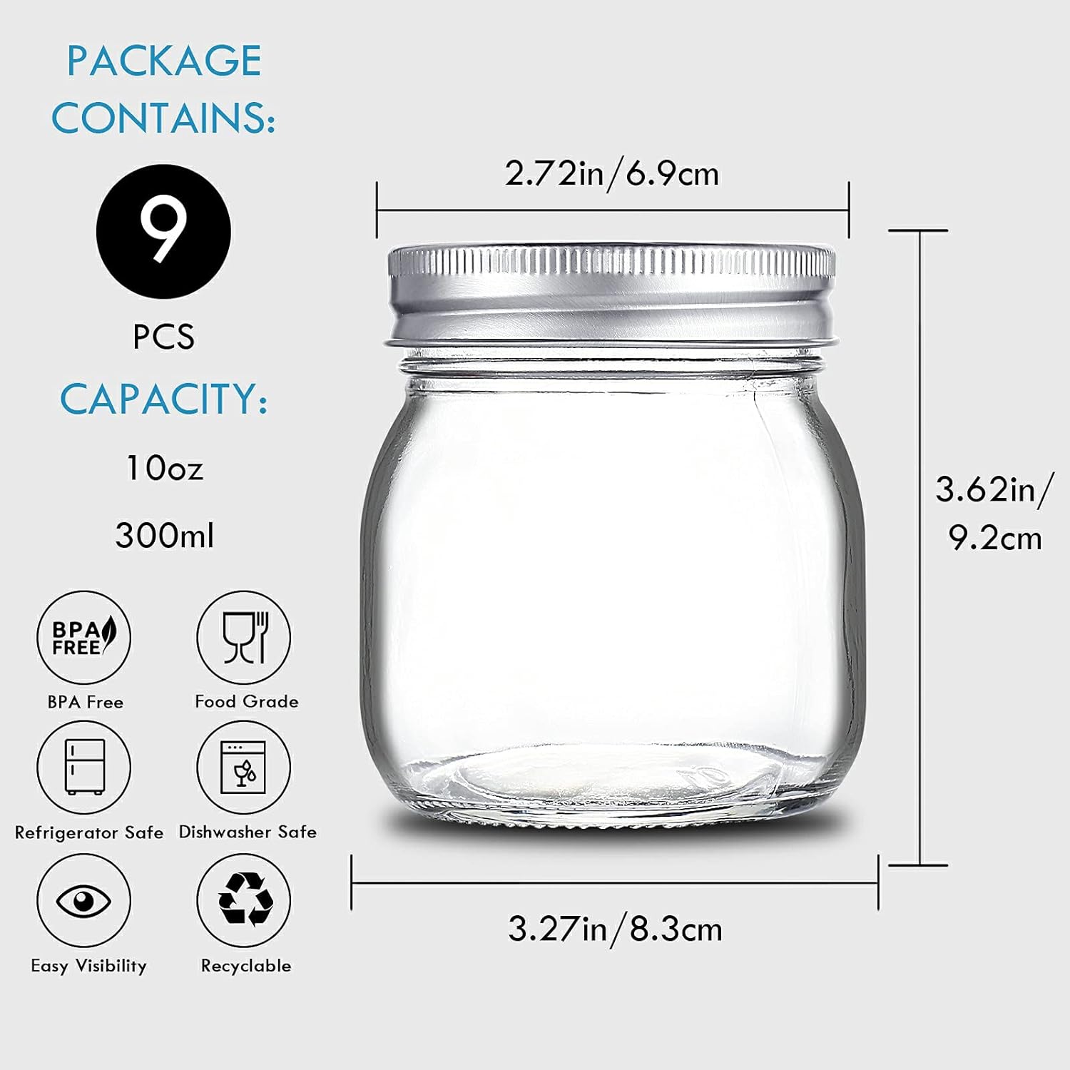 Yeboda 9-Pack Wide Mouth Mason Jars with Airtight Lids