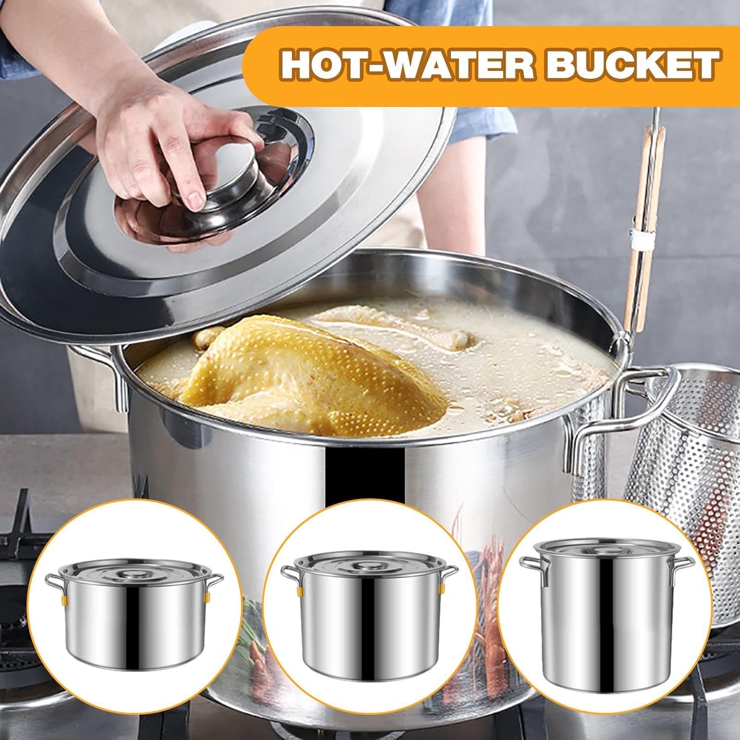 Stainless Steel Stock Pot with Lid - 62L Capacity Handleless for Family Use