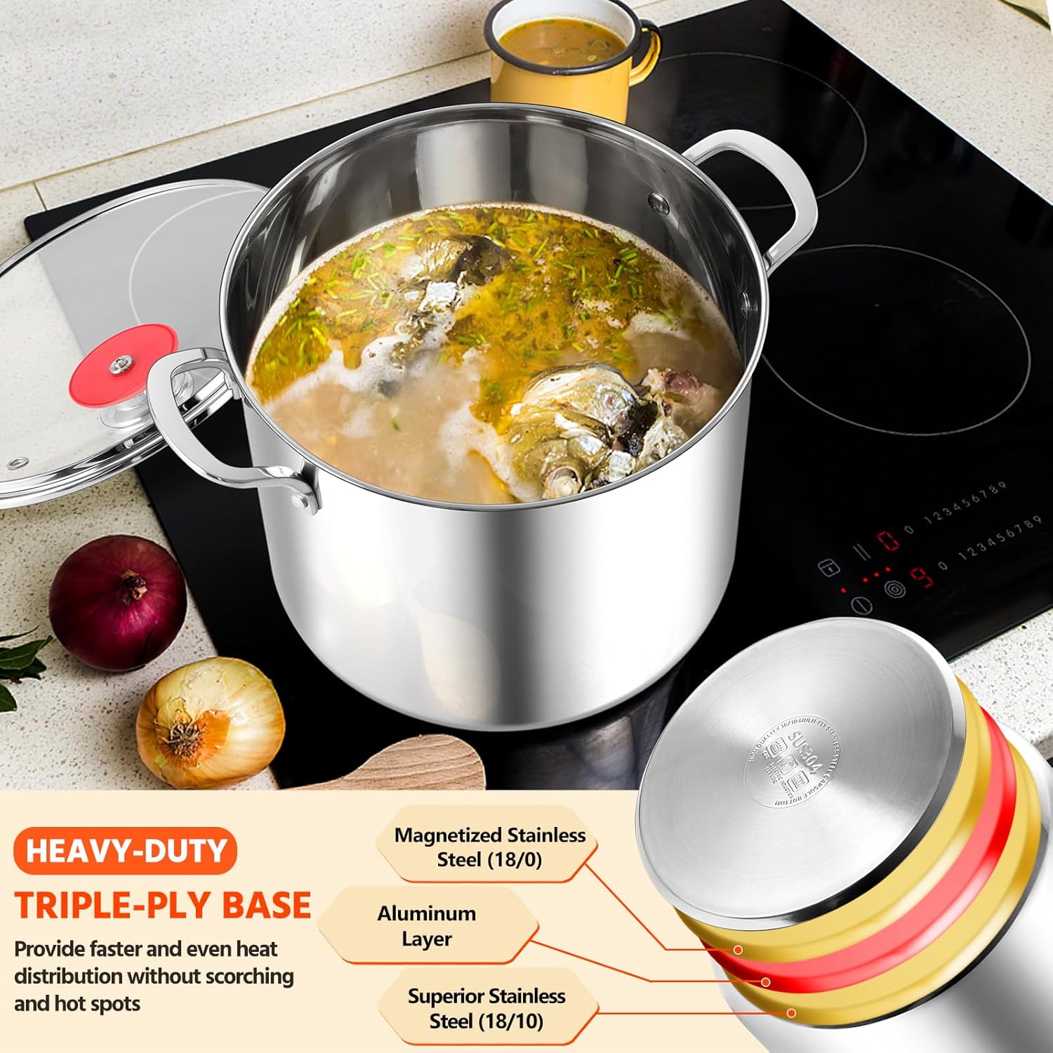 E-far 12-Quart Stock Pot with Lid 1810 Stainless Steel