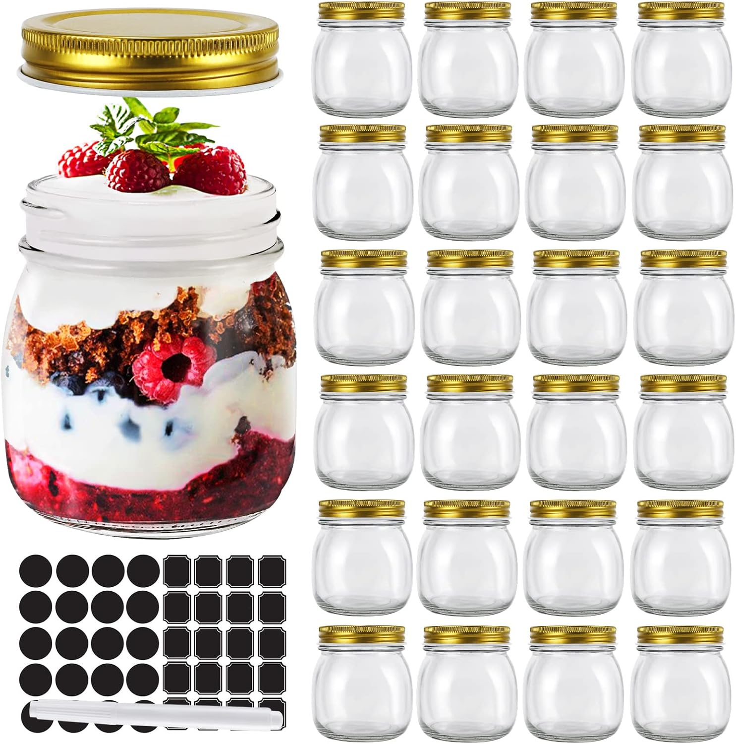 Elegant 24-Piece Glass Mason Jars Set with Silver Lids
