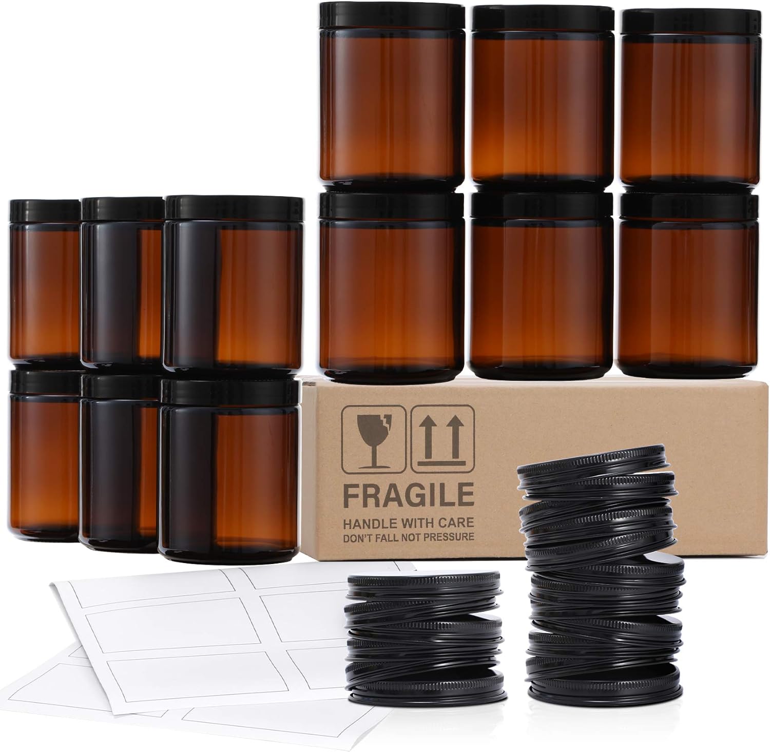 12 Pack 8 OZ Thick Glass Jars with Metal Plastic Lids