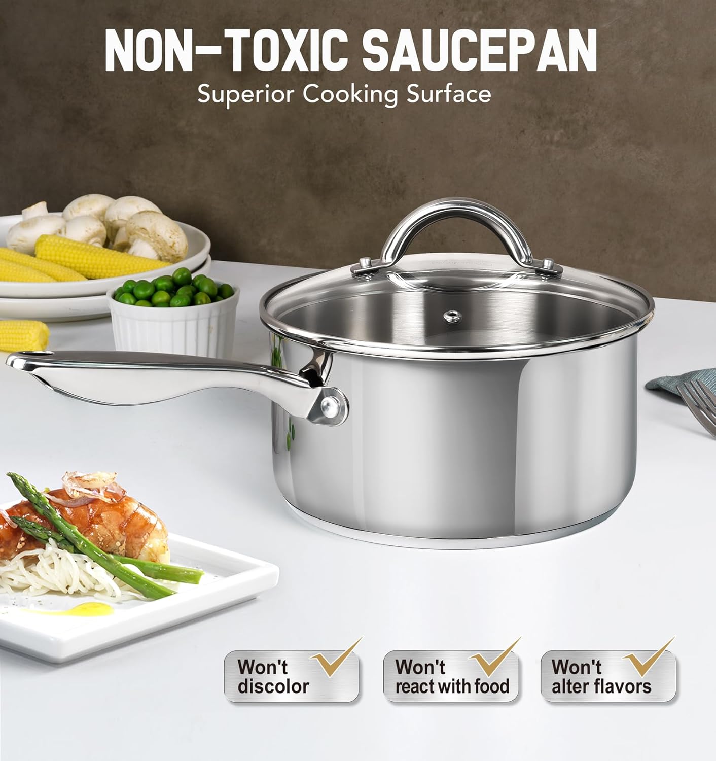 Ergonomic 3 Quart Stainless Steel Saucepan with Lids