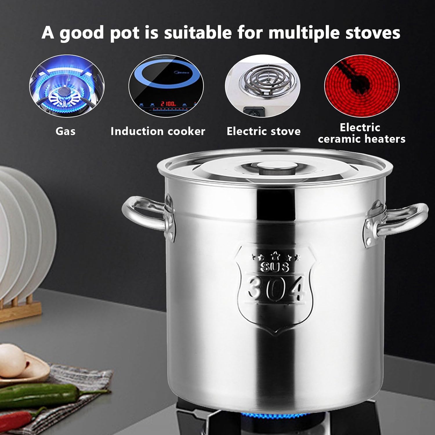 AIZYR 304 Stainless Steel Stockpot with Lid Durable Multi-Purpose