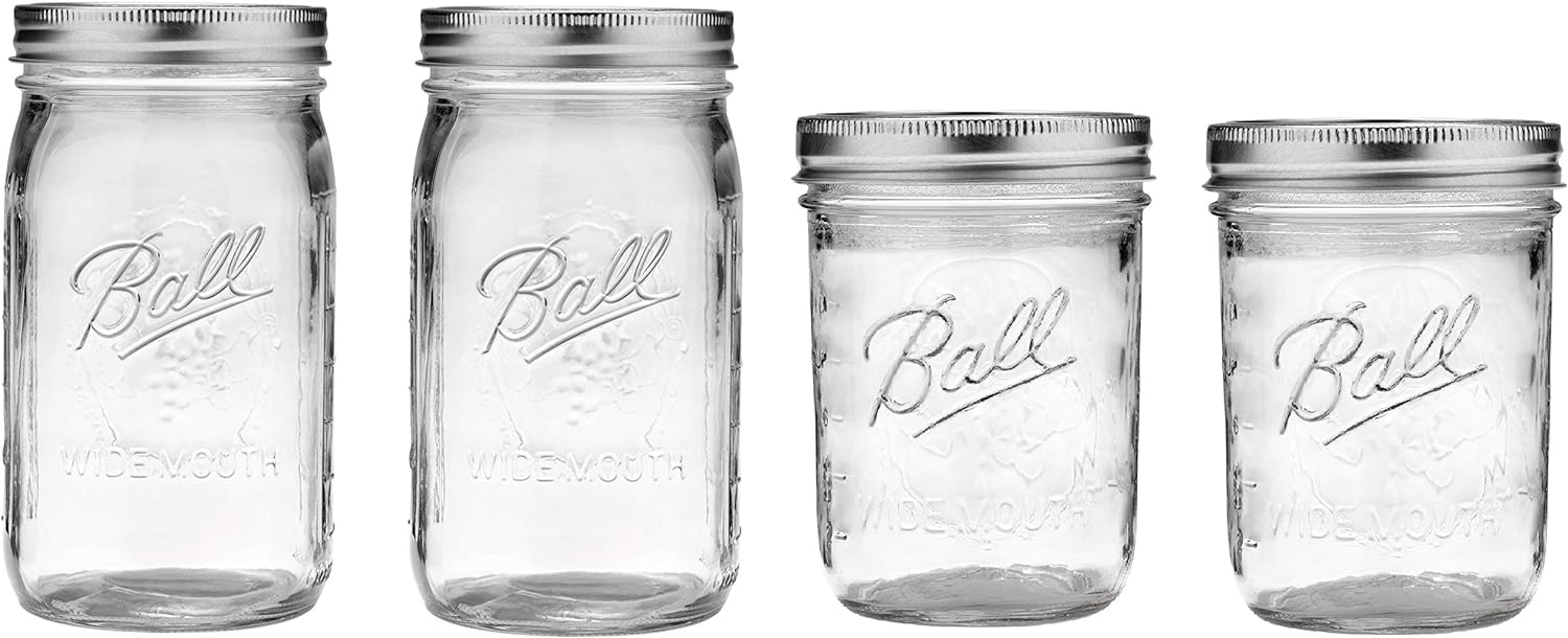 Set of 4 Mason Jars with Lids and Bands Wide Mouth Preserving Jars