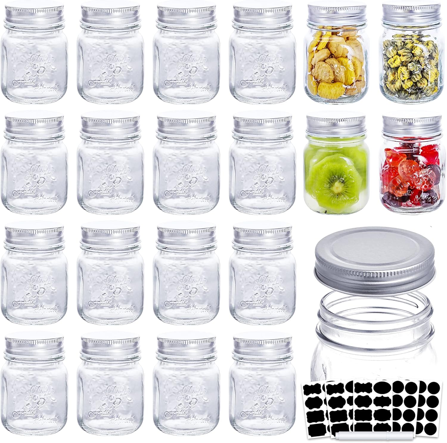 20-Pack Glass Mason Jars with Labels for Food Storage