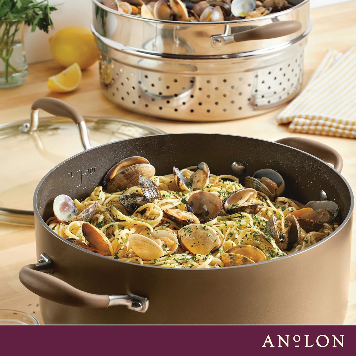 Best ChoiceAnolon Advanced Home 85Qt Nonstick Stockpot with Built-InSteamer Oven Safe