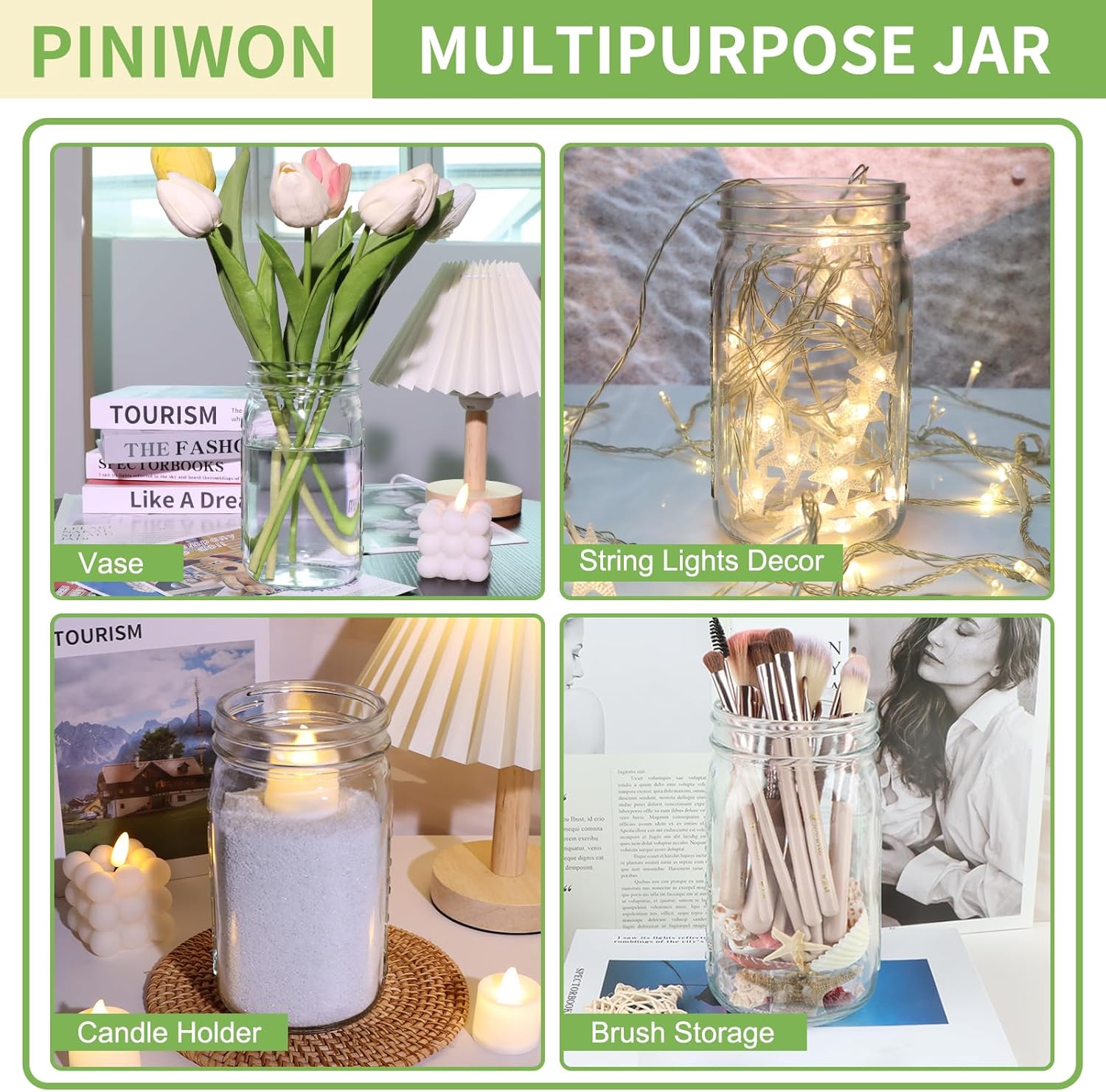 PINIWON Wide Mouth Mason Jars 32 oz 12 Pack