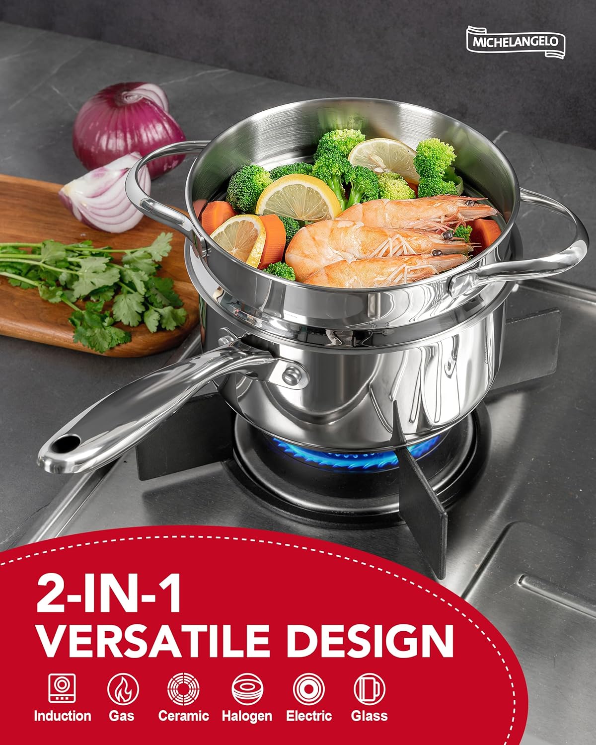 MICHELANGELO 15 Quart Stainless Steel Saucepan with Lid Unique Design