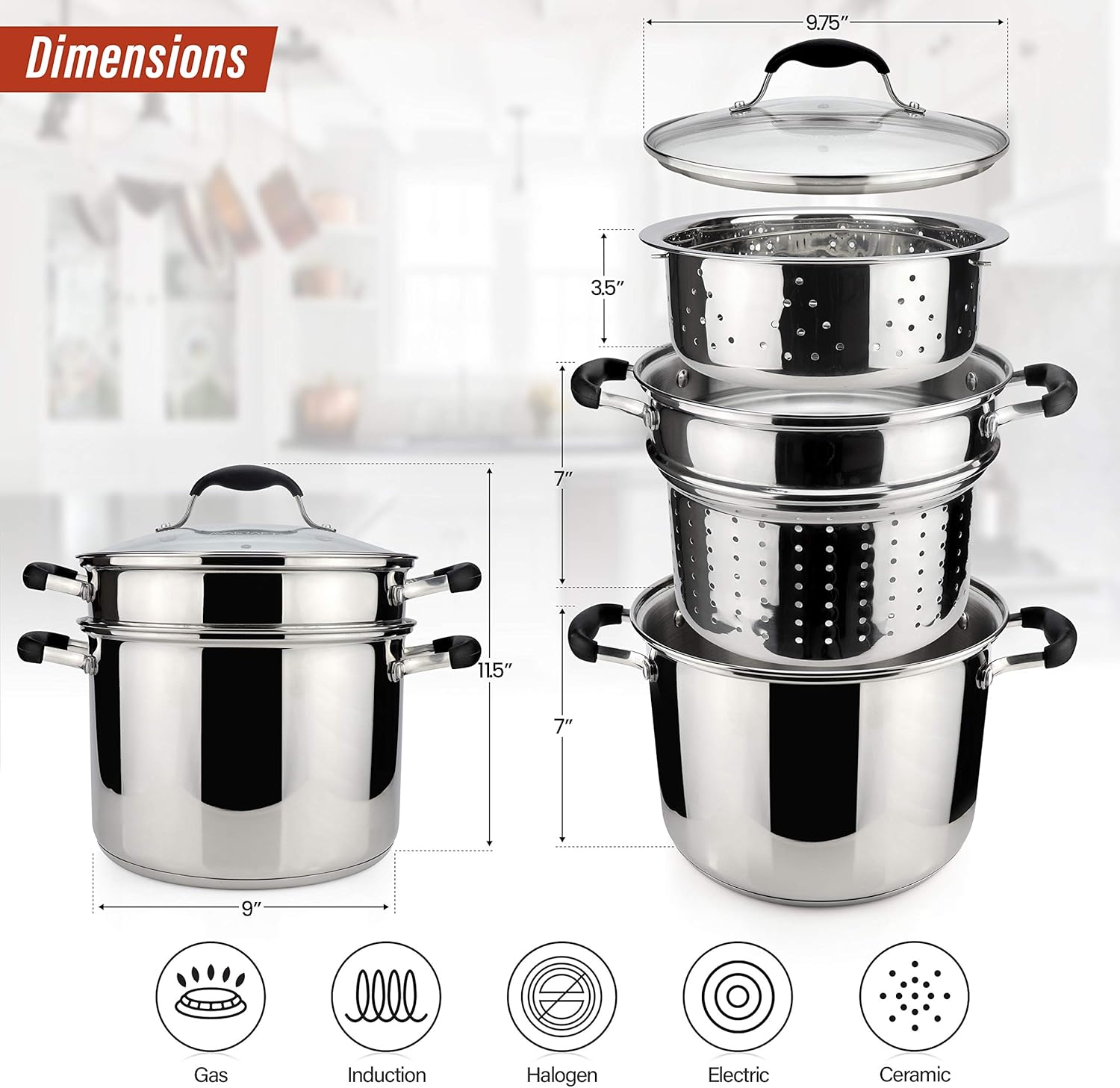 Avacraft 4-Piece Stainless Steel Pasta Set 7 Quart Glass Lid Steamer Basket