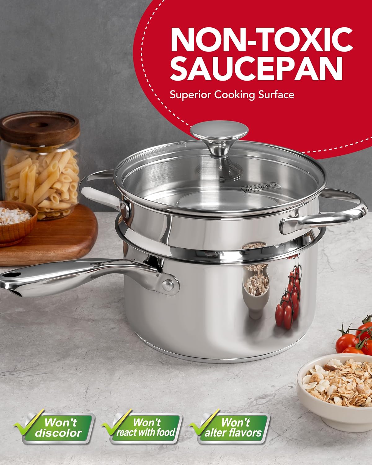 MICHELANGELO 15 Quart Stainless Steel Saucepan with Lid Unique Design