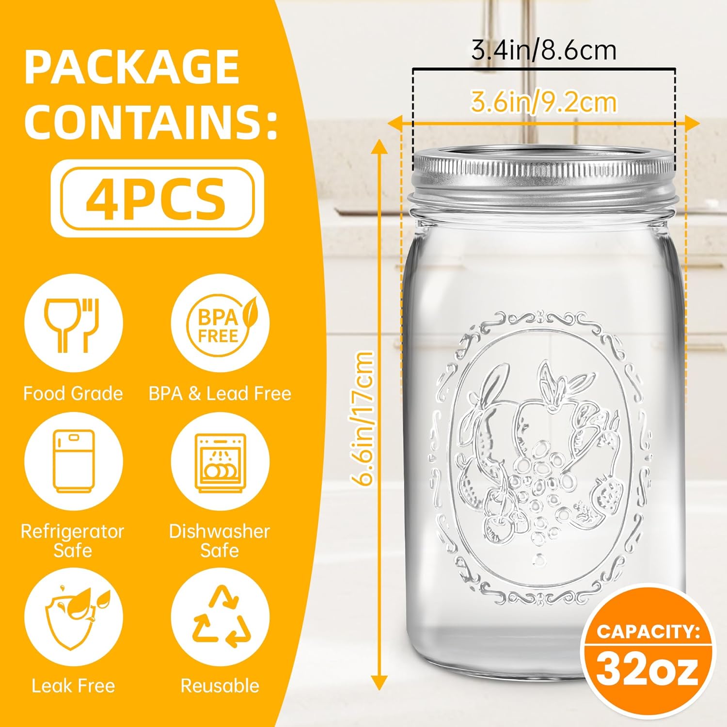Wide Mouth Mason Jars 32 oz 4 Pack Fermenting Pickling Freezing Preserving Jar