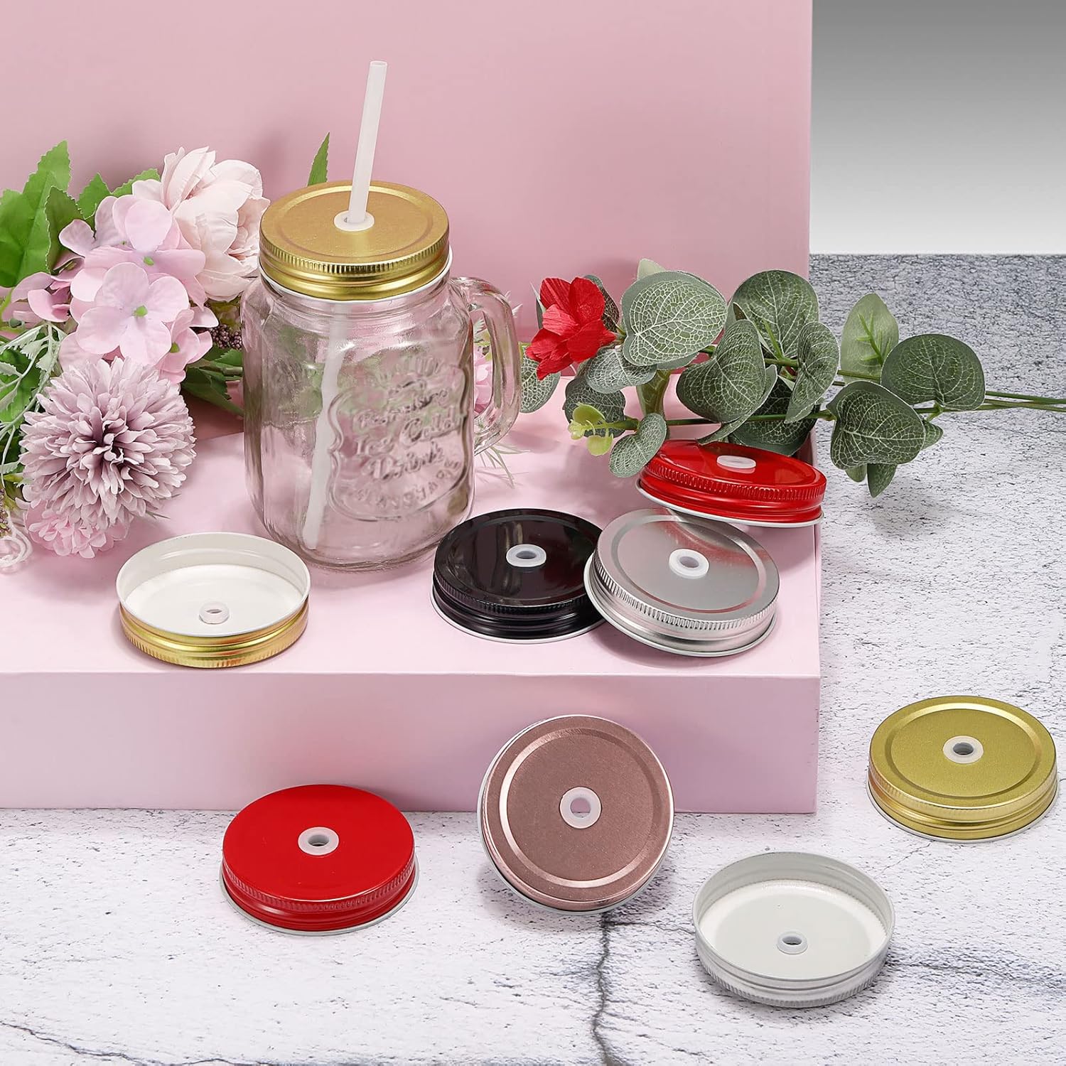 Ergonomic Mason Jar Lids with Straw Hole - Canning Serving Tips