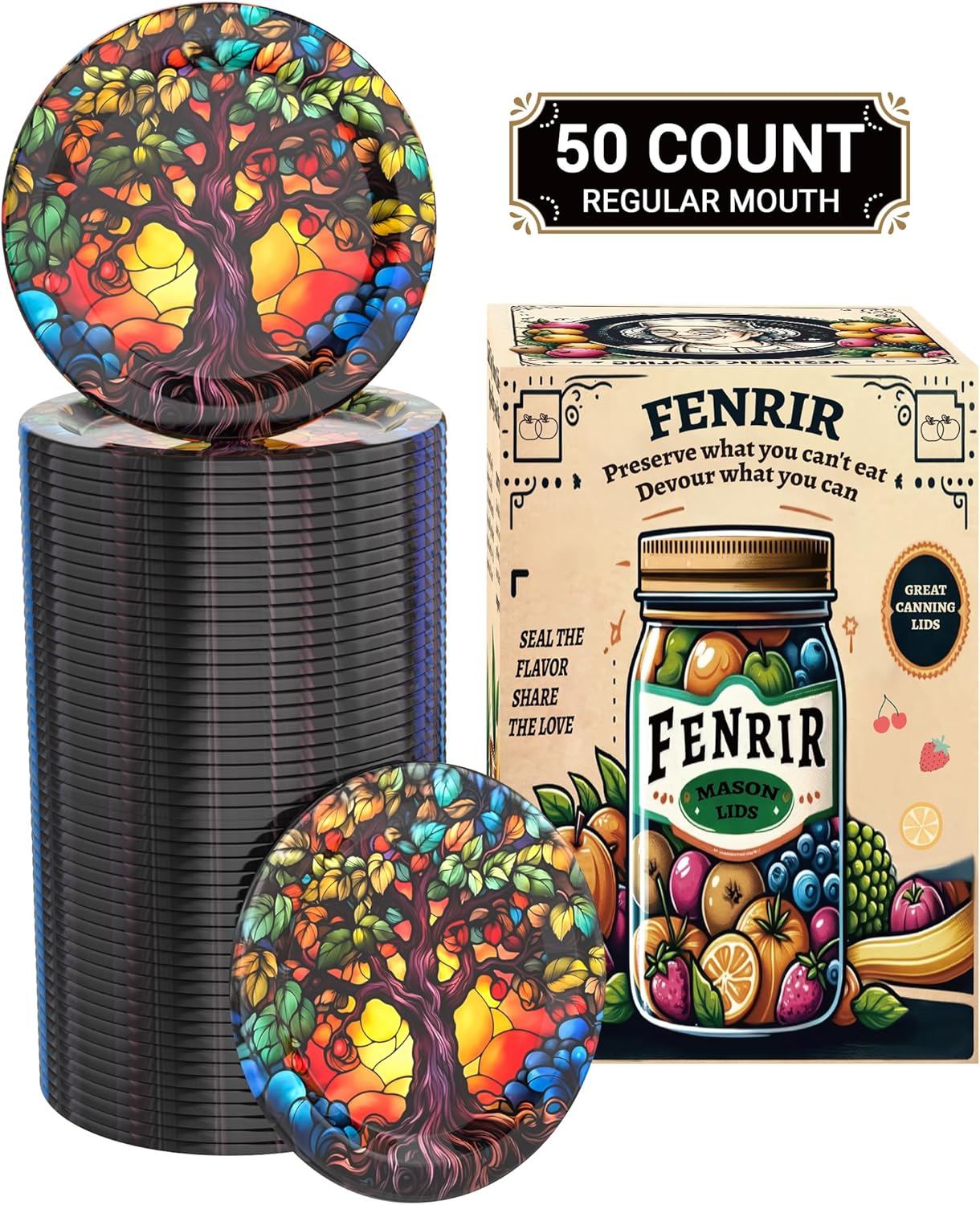 FENRIR 50Pcs Canning Lids with Colorful Drawings