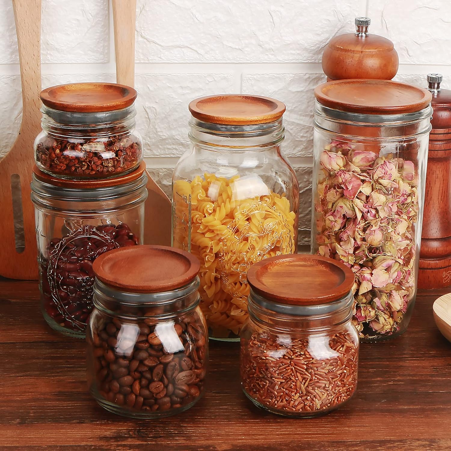 12-Piece Acacia Wooden Mason Jar Lid Set with Silicone Airtight Seals