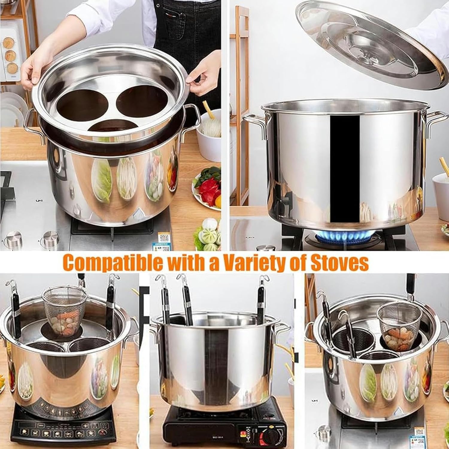 Stainless Steel Pasta Pot with Strainer Basket for Home Kitchen