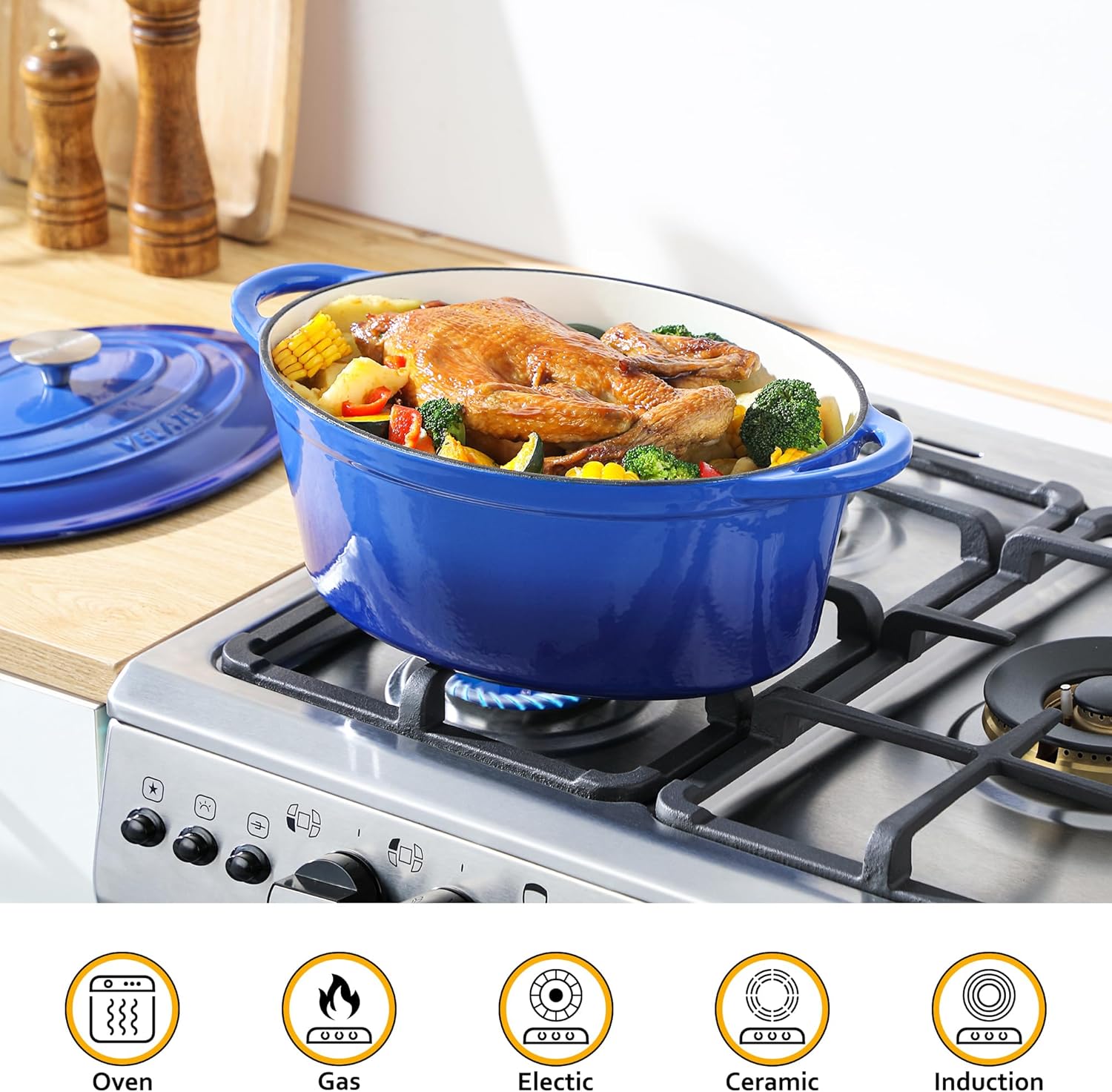 Velaze Cast Iron Dutch Oven - Durable Mixing Pot for Baking Cooking