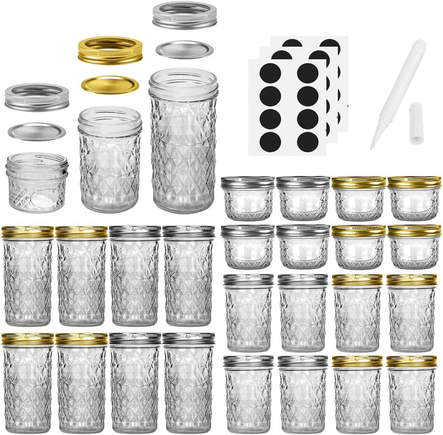 Mason Jars Set - 24 pack with Regular Lids