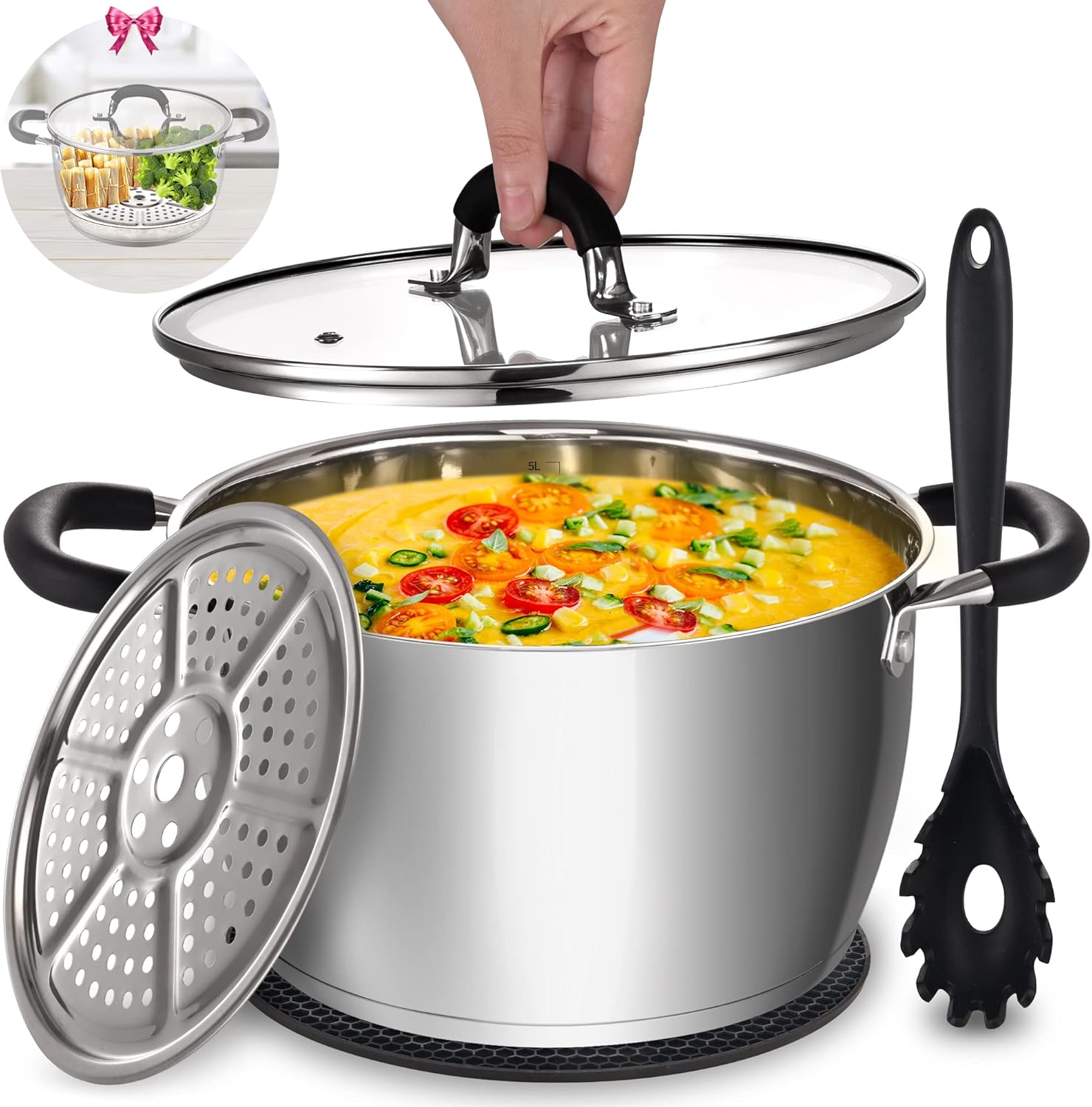 Multi-Purpose 6 Quart Stainless Steel Stockpot with Lid