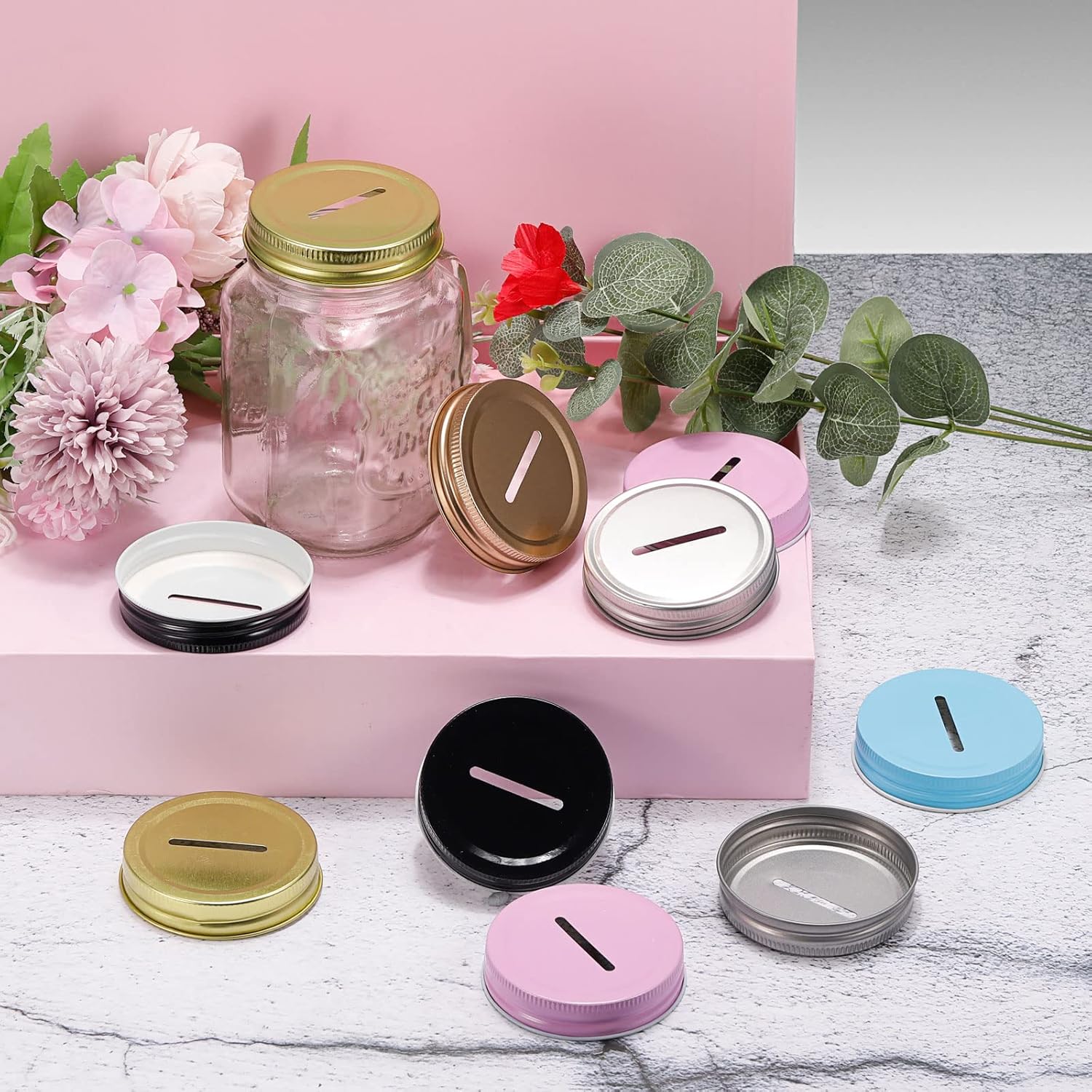 Uxcell Coin Slot Lid for Mason Jars 70mm Pink 10Pcs