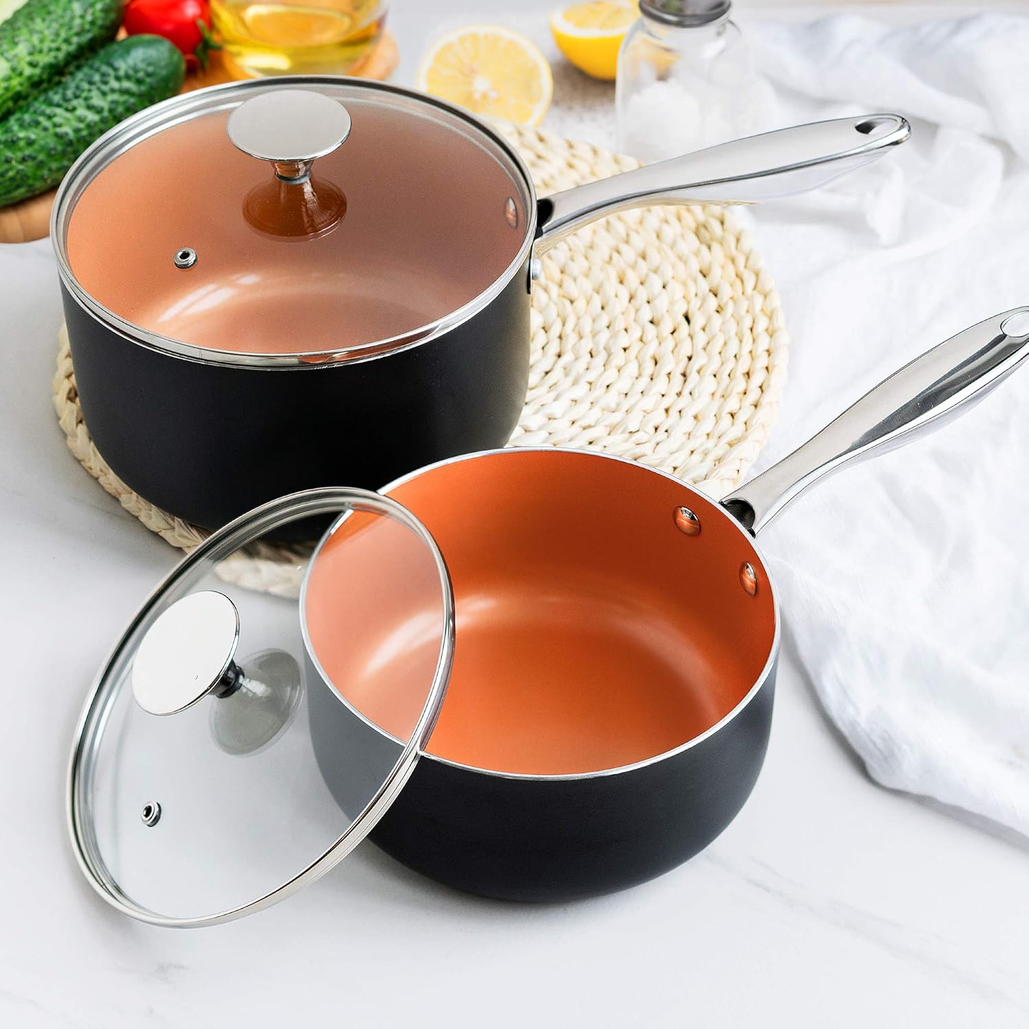 Michelangelo Copper 2QT 3QT Saucepan Set Non-Stick Ergonomic Design