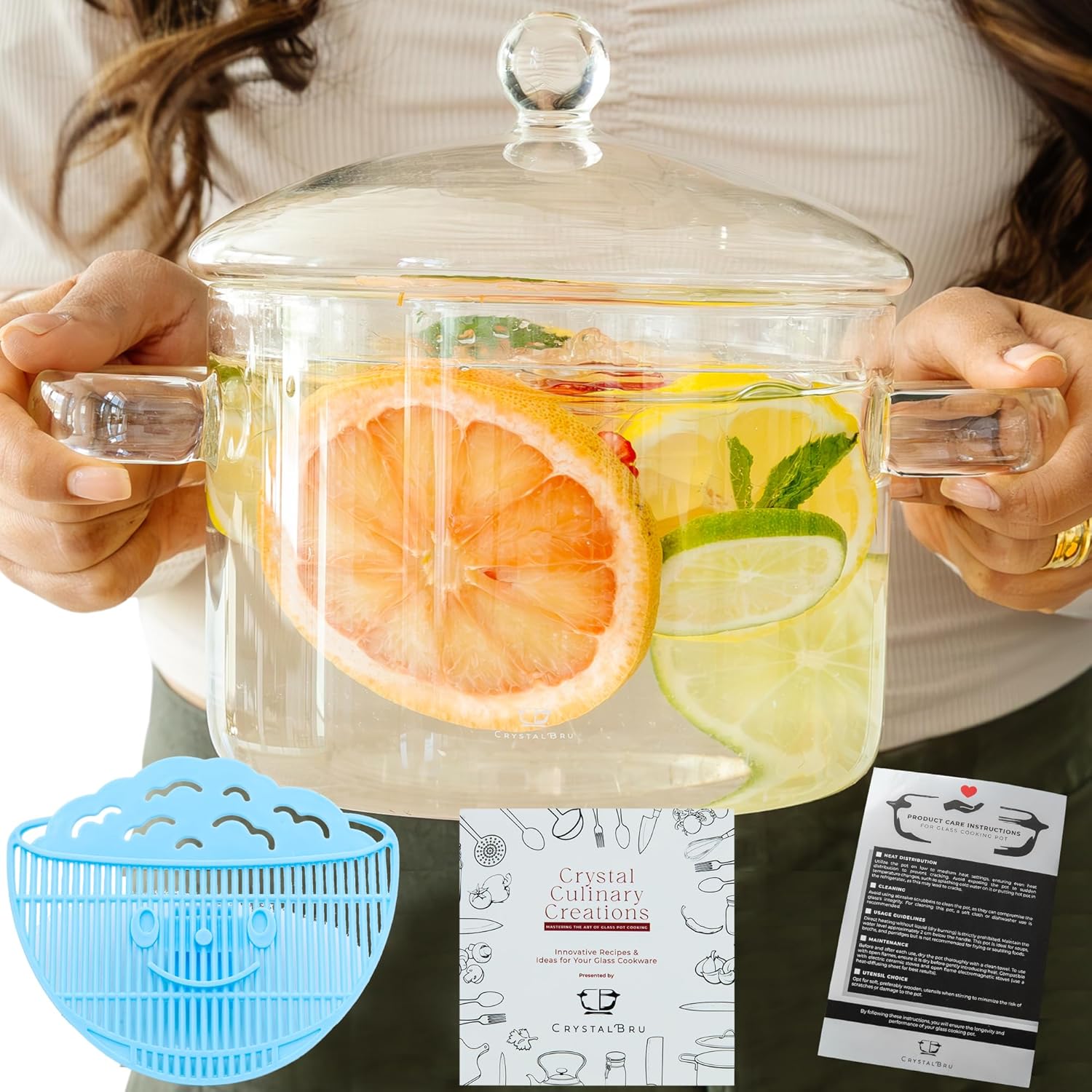 Crystalbru 2L Clear Glass Simmer Pot with Lid Strainer