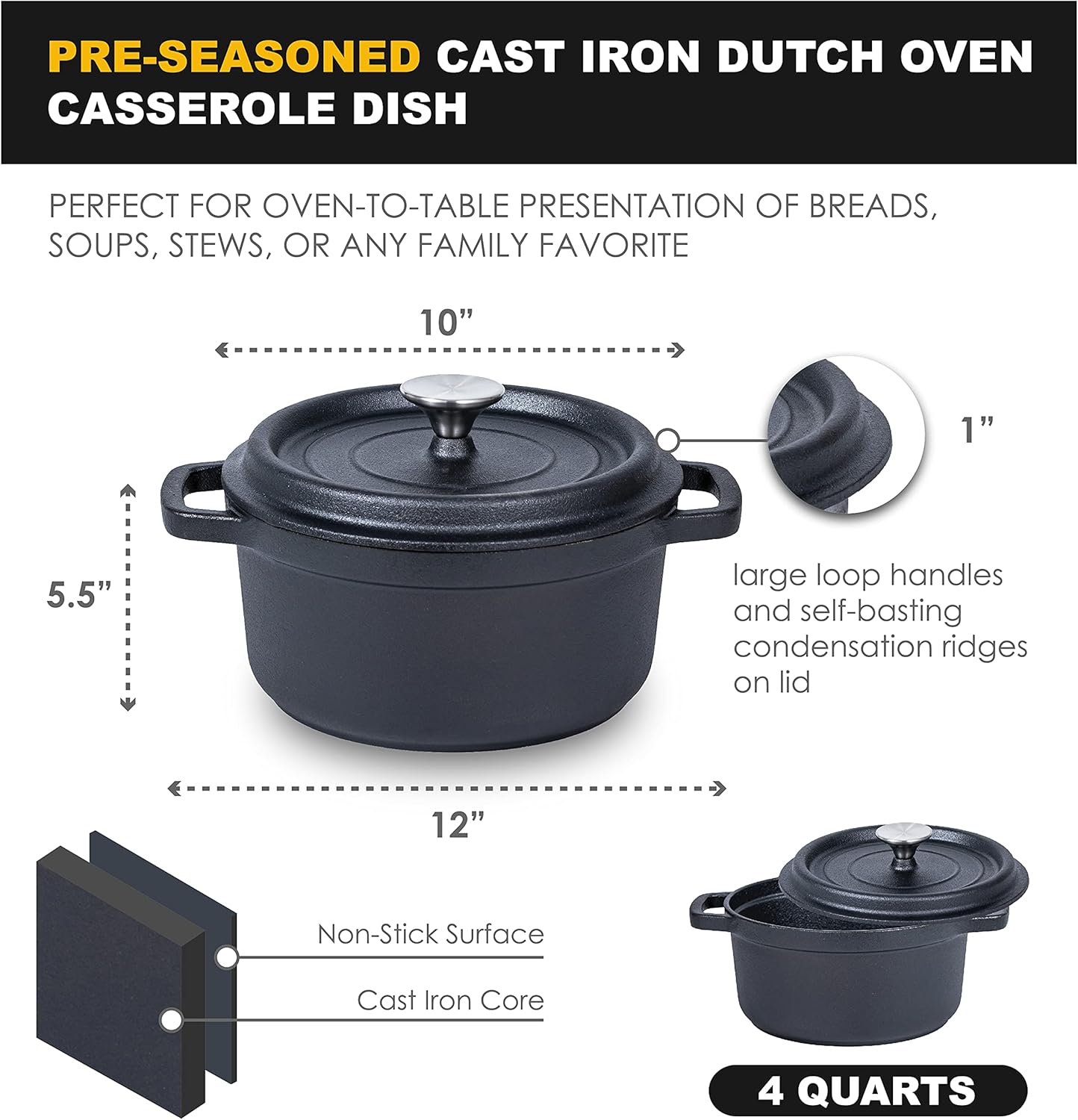 4 Quart Bruntmor Cast Iron Braising Pan with Lid and Handles