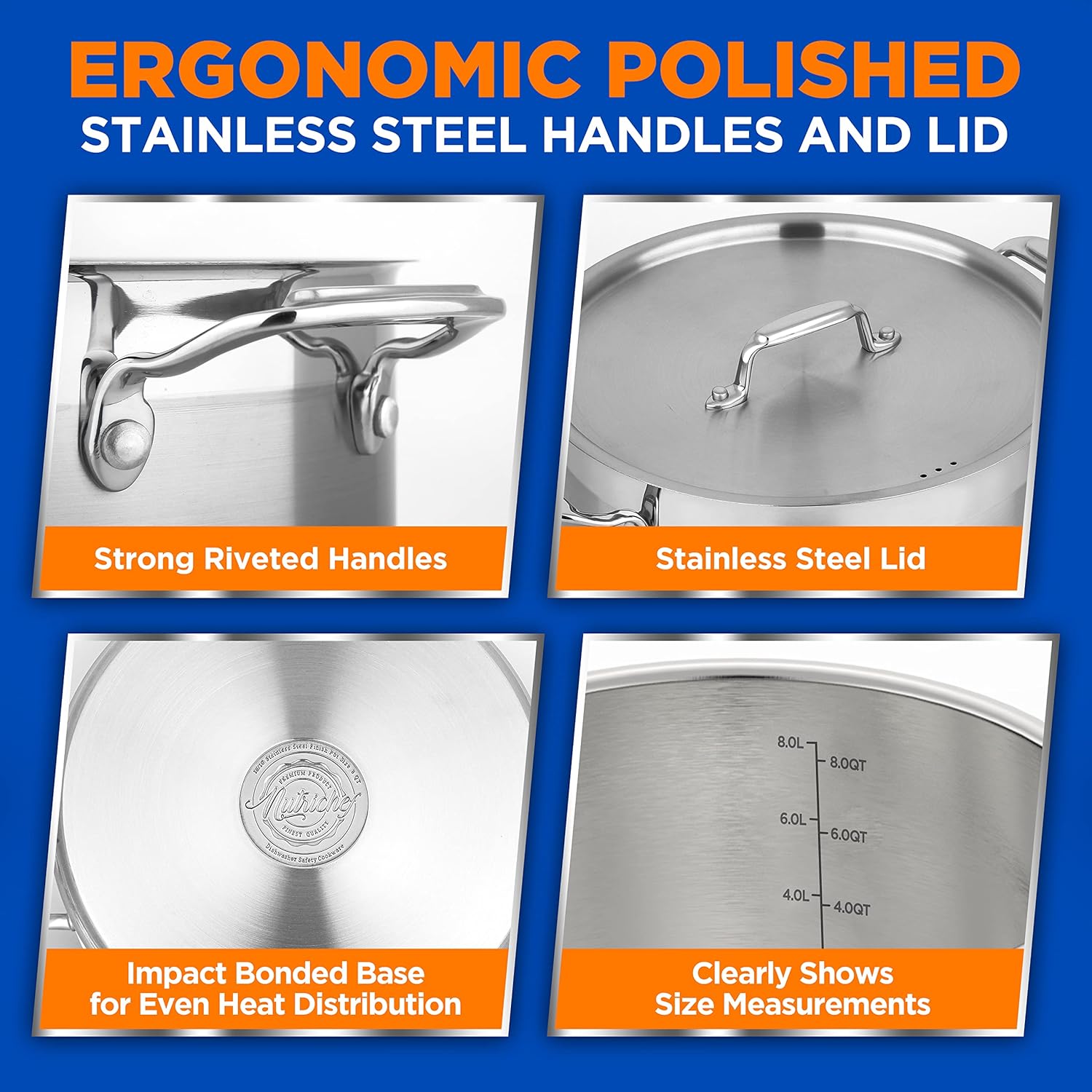 Life-changing 8 QT Stainless Steel Stockpot with Ergonomic Handles Induction Compatibility