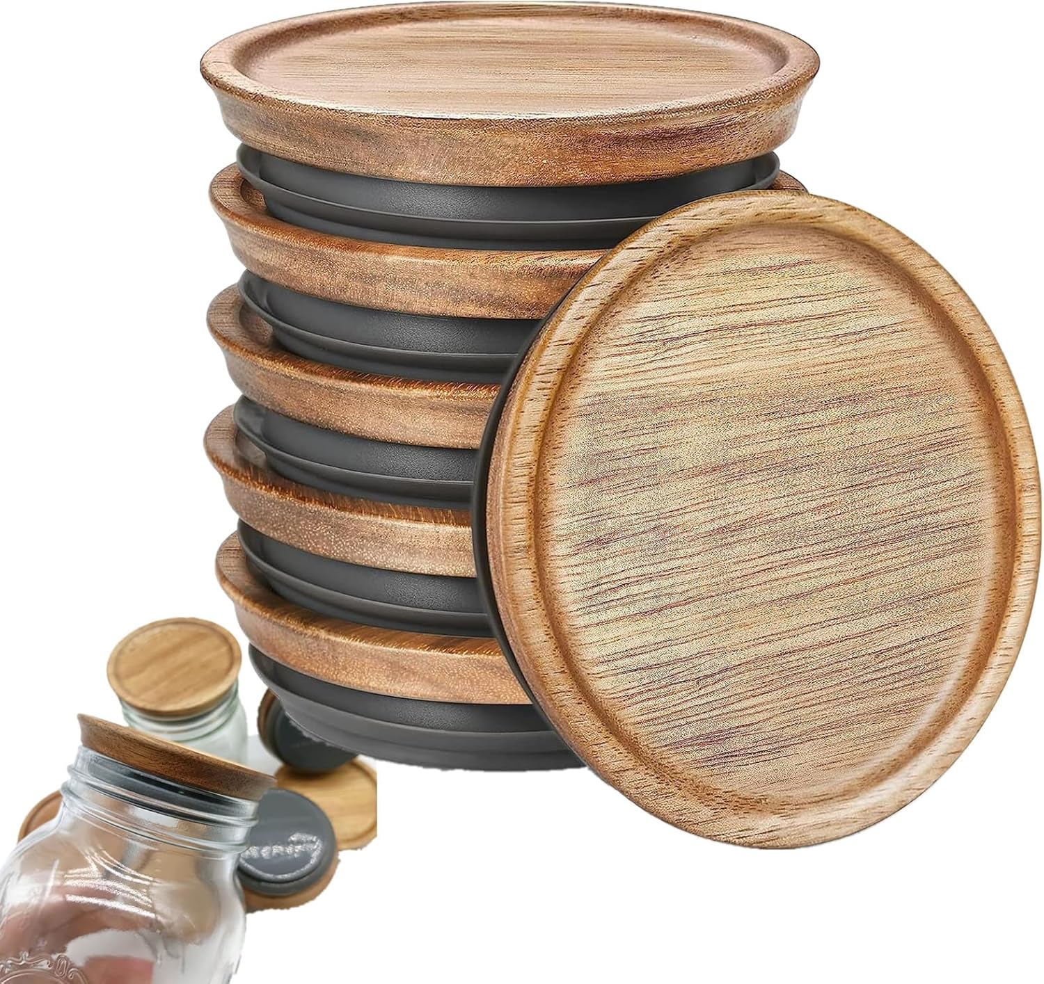 6-PieceGenericWide Mouth Wooden Mason Jar Lids Airtight Reusable Storage Solution