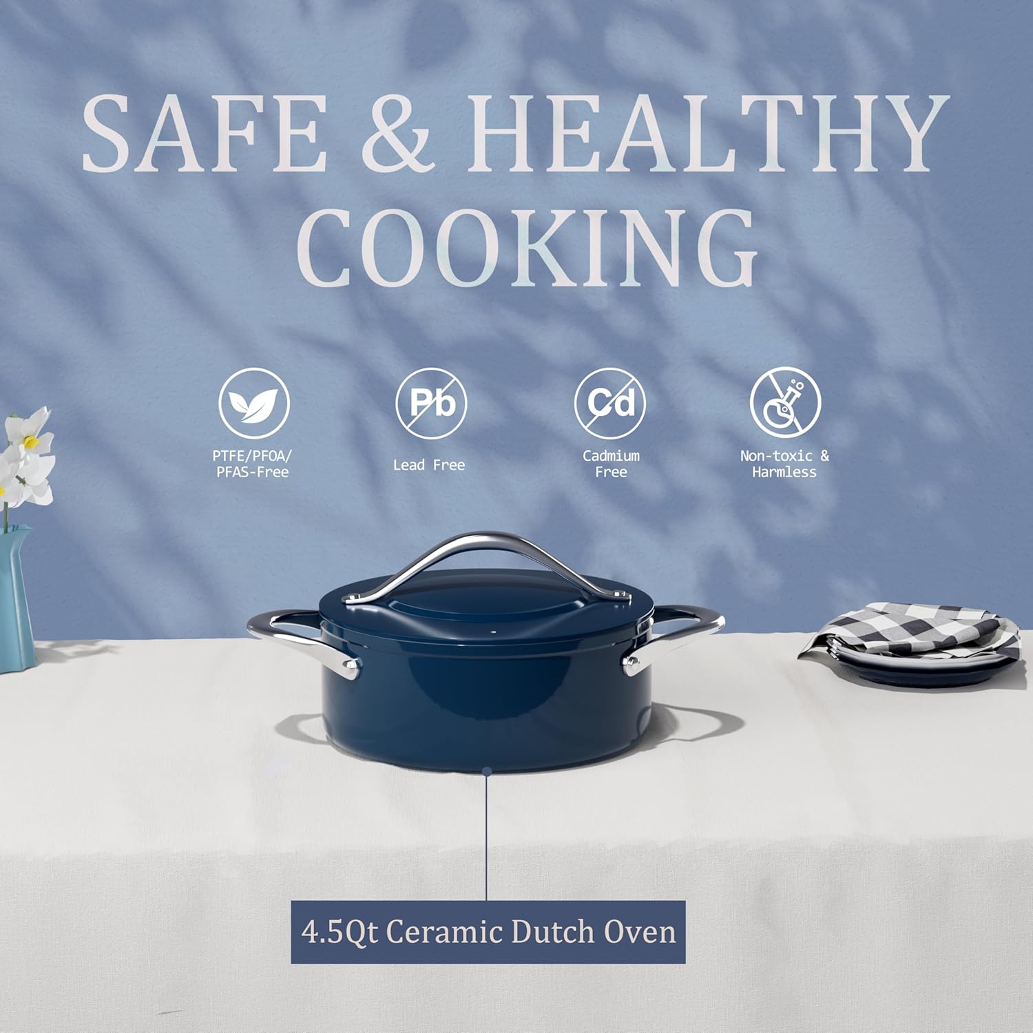 45 QT Nonstick Ceramic Dutch Oven 500F Safe Dishwasher Induction Compatible
