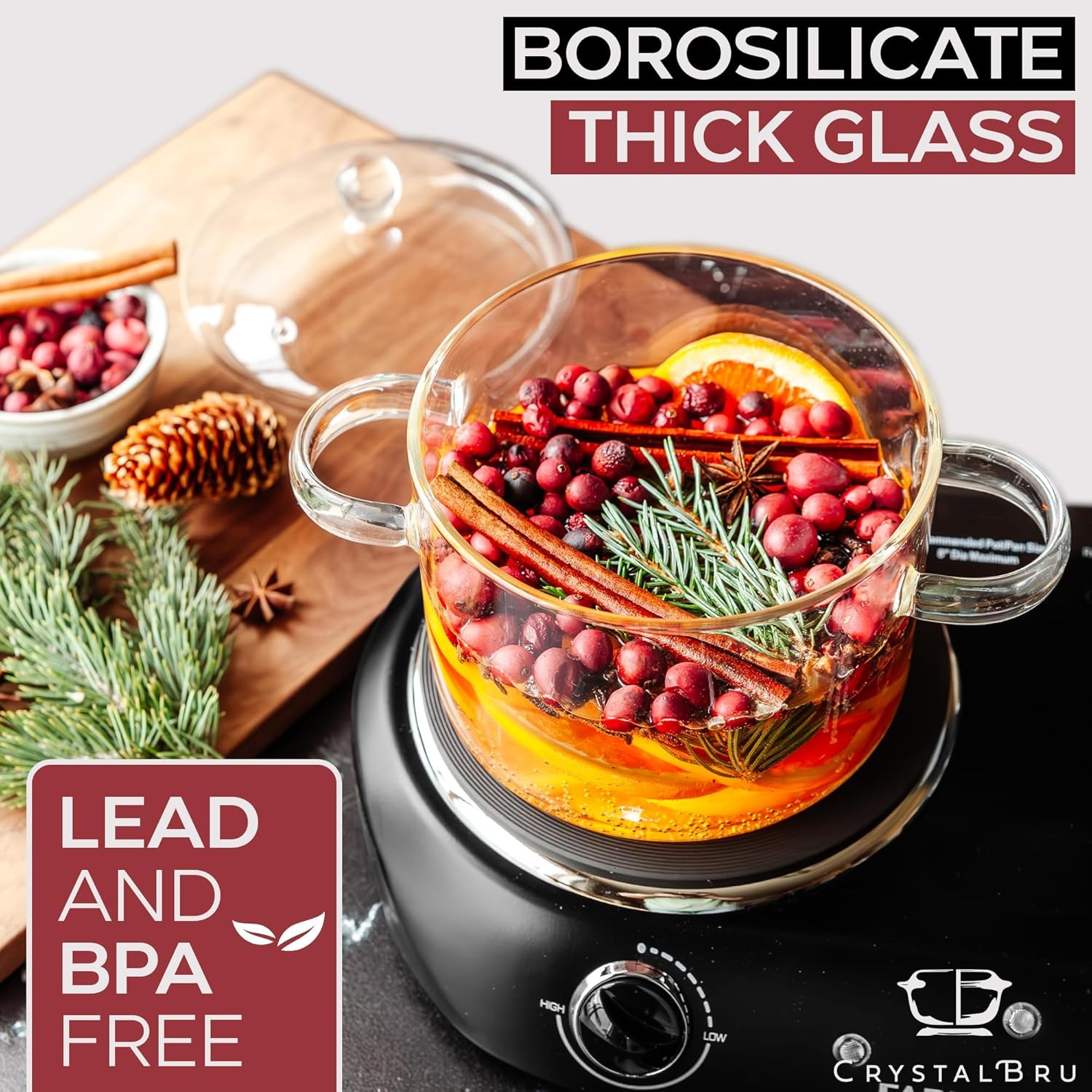 Crystalbru 2L Clear Glass Simmer Pot with Lid Strainer