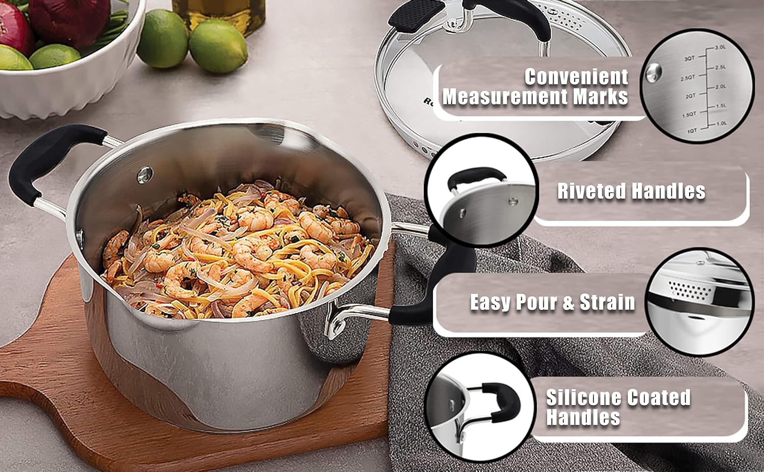 Rorence 37 Quart Stock Pot with Glass Lid and Strainer