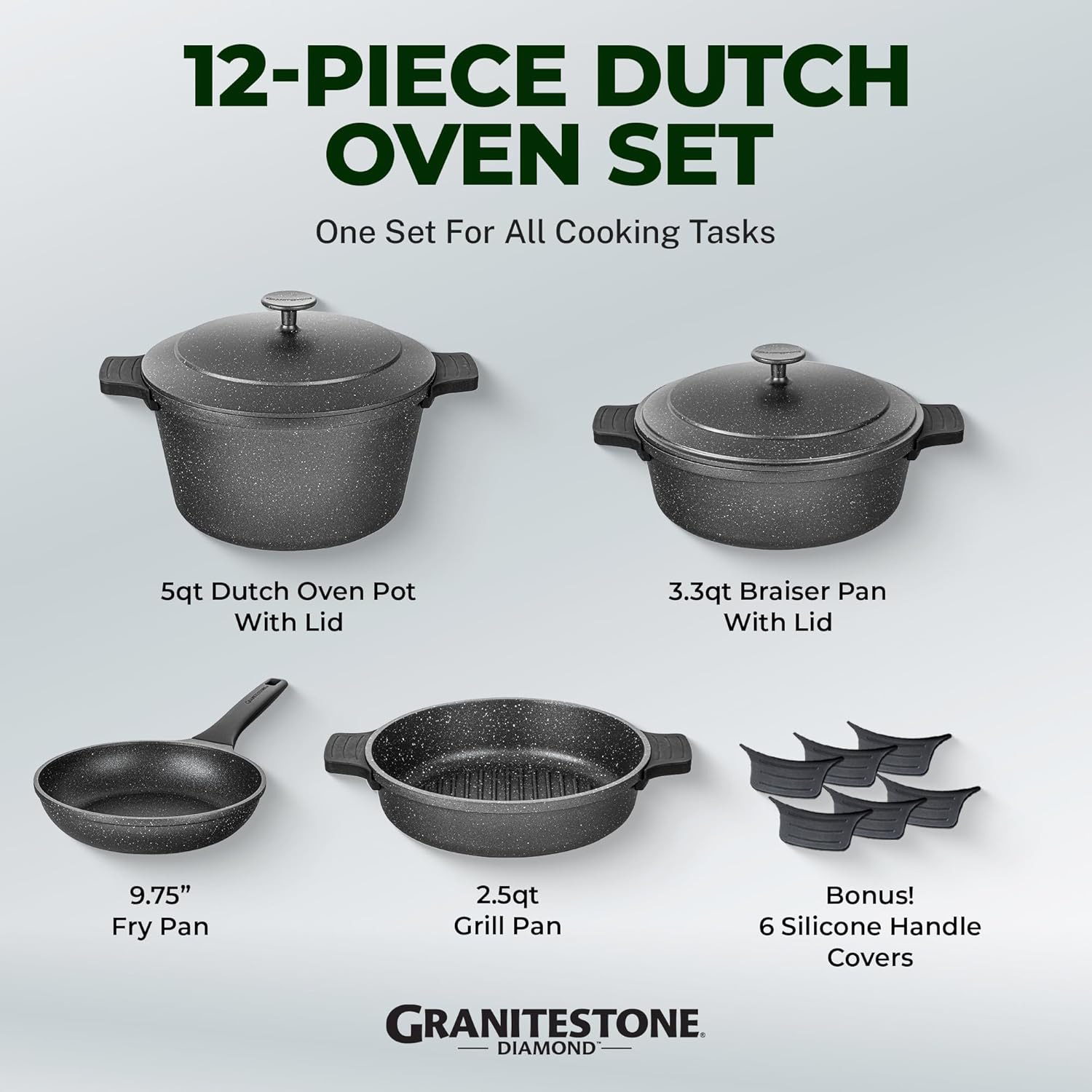 Granitestone 12-Pc Dutch Oven Set - OvenDishwasher Safe Easy to Clean