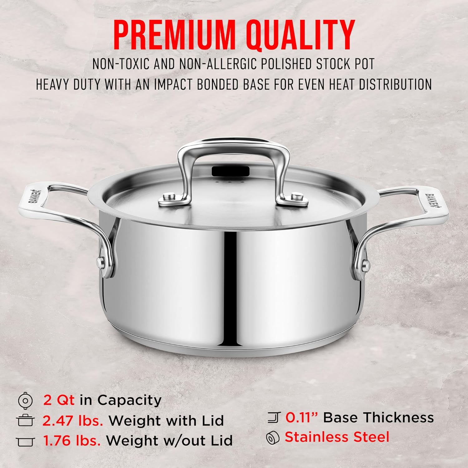 Bakken SwissHeavy-Duty Stainless Steel Stockpot 2 Quart for Cooking Catering