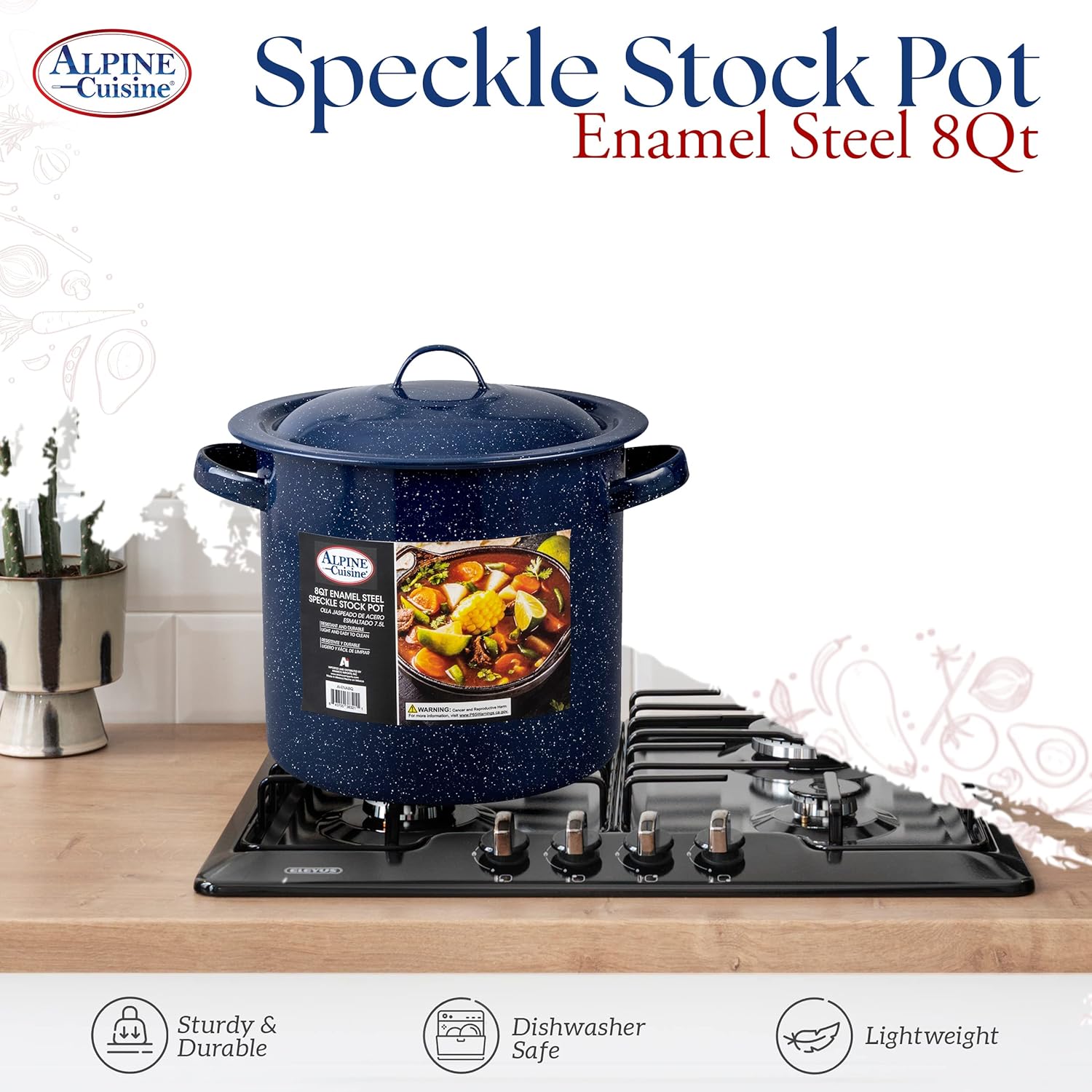 Alpine Cuisine 8-qt Stock Pot with Lid Black New