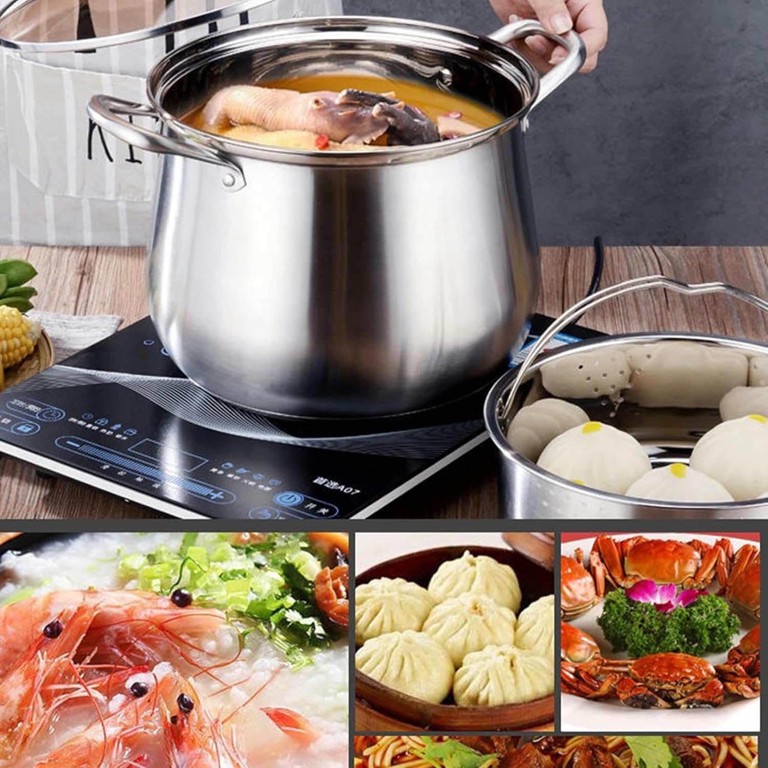 LGEOELIAS Large Deep Stock Pot with Steamer Basket and Lid