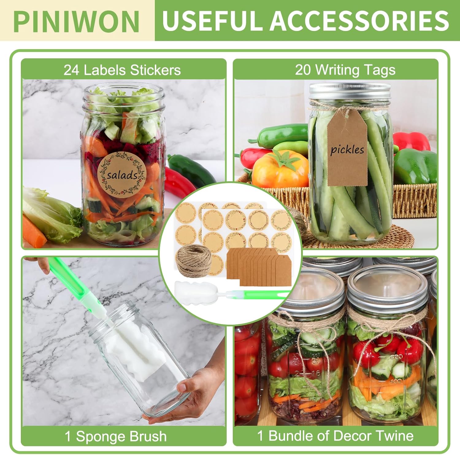 PINIWON Wide Mouth Mason Jars 32 oz 12 Pack