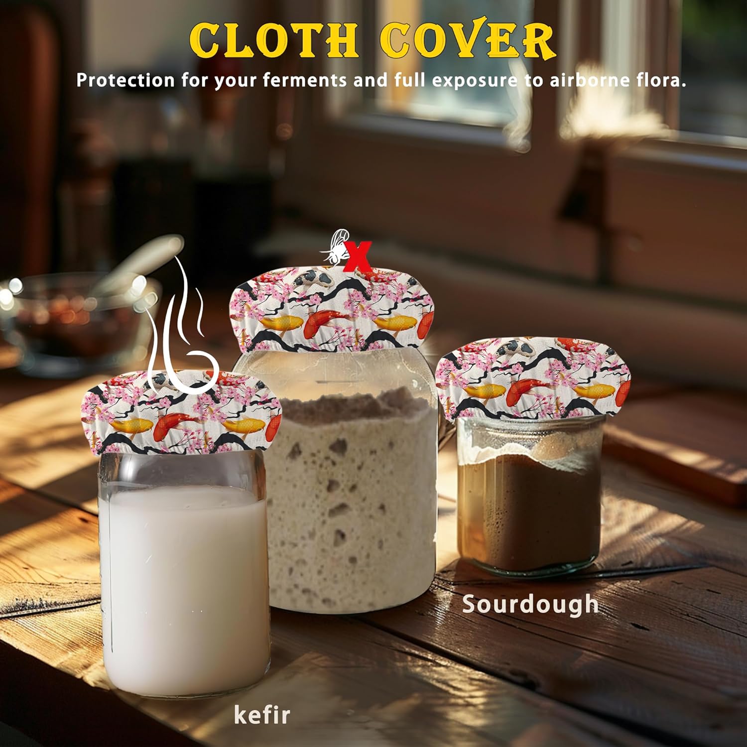 Japanese Cherry Blossom Koi Fish Sourdough Starter Jar Cloth Cover Eco-Friendly Durable
