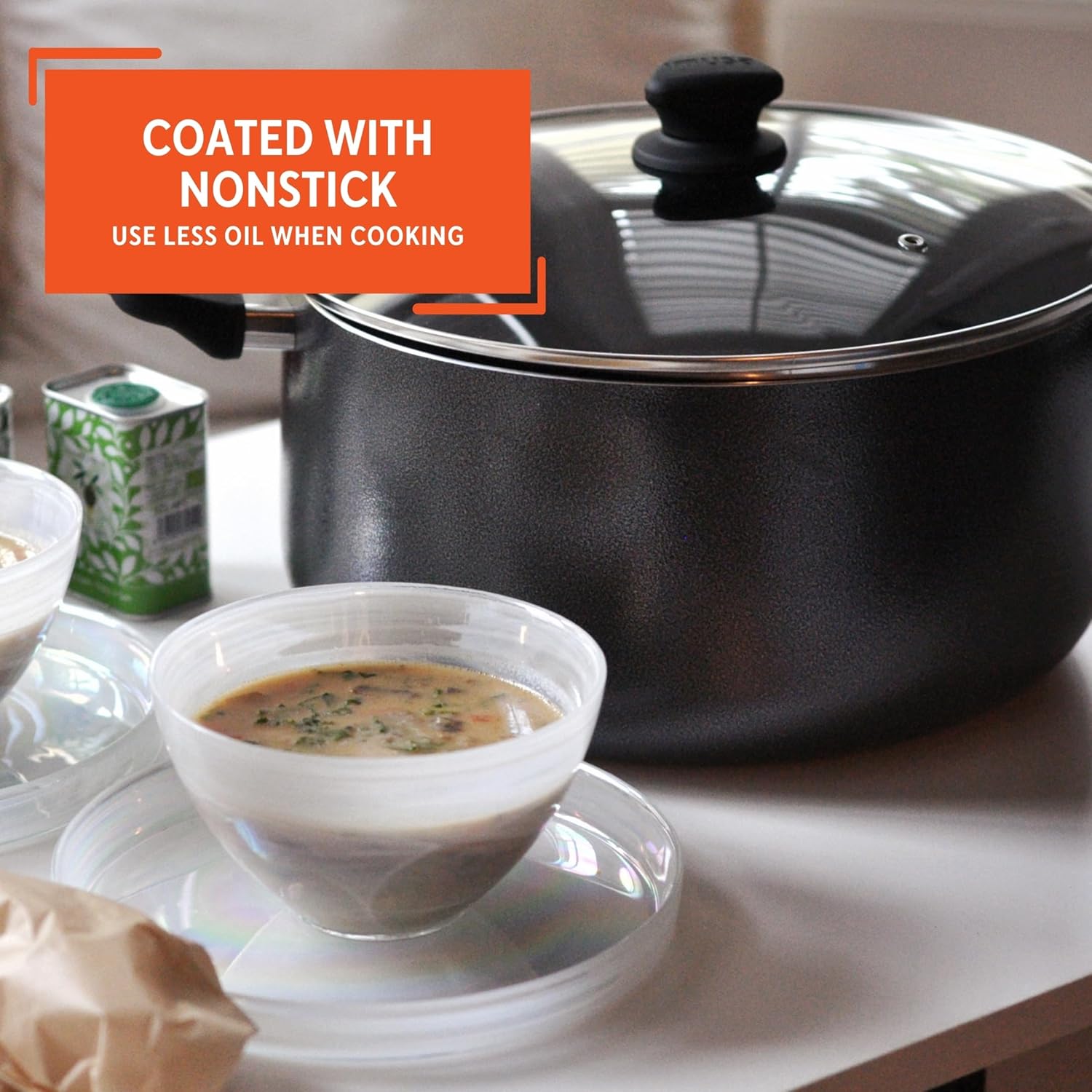 Imusa Nonstick Stock Pot with Glass Lid 48-Quart Cookware Black