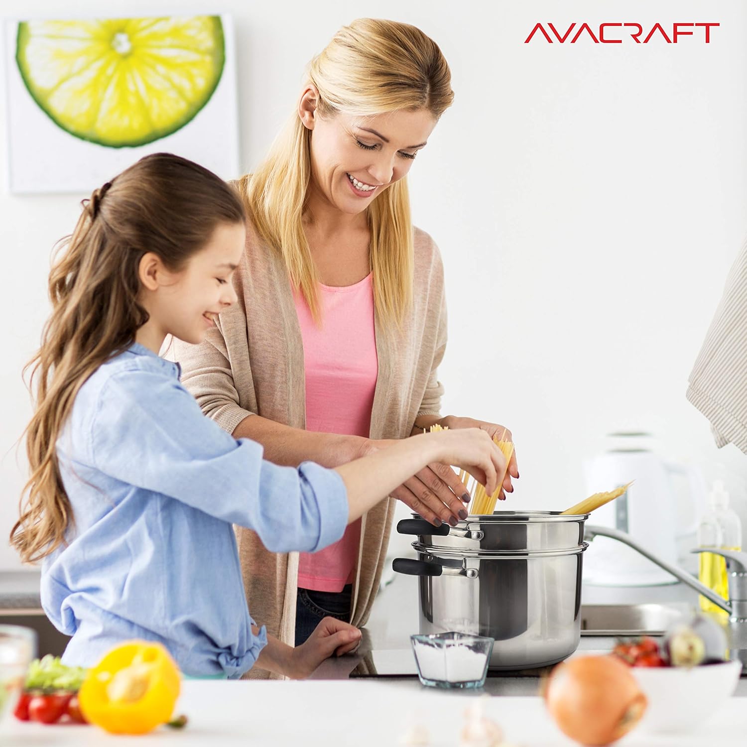 Avacraft 4-Piece Stainless Steel Pasta Set 7 Quart Glass Lid Steamer Basket