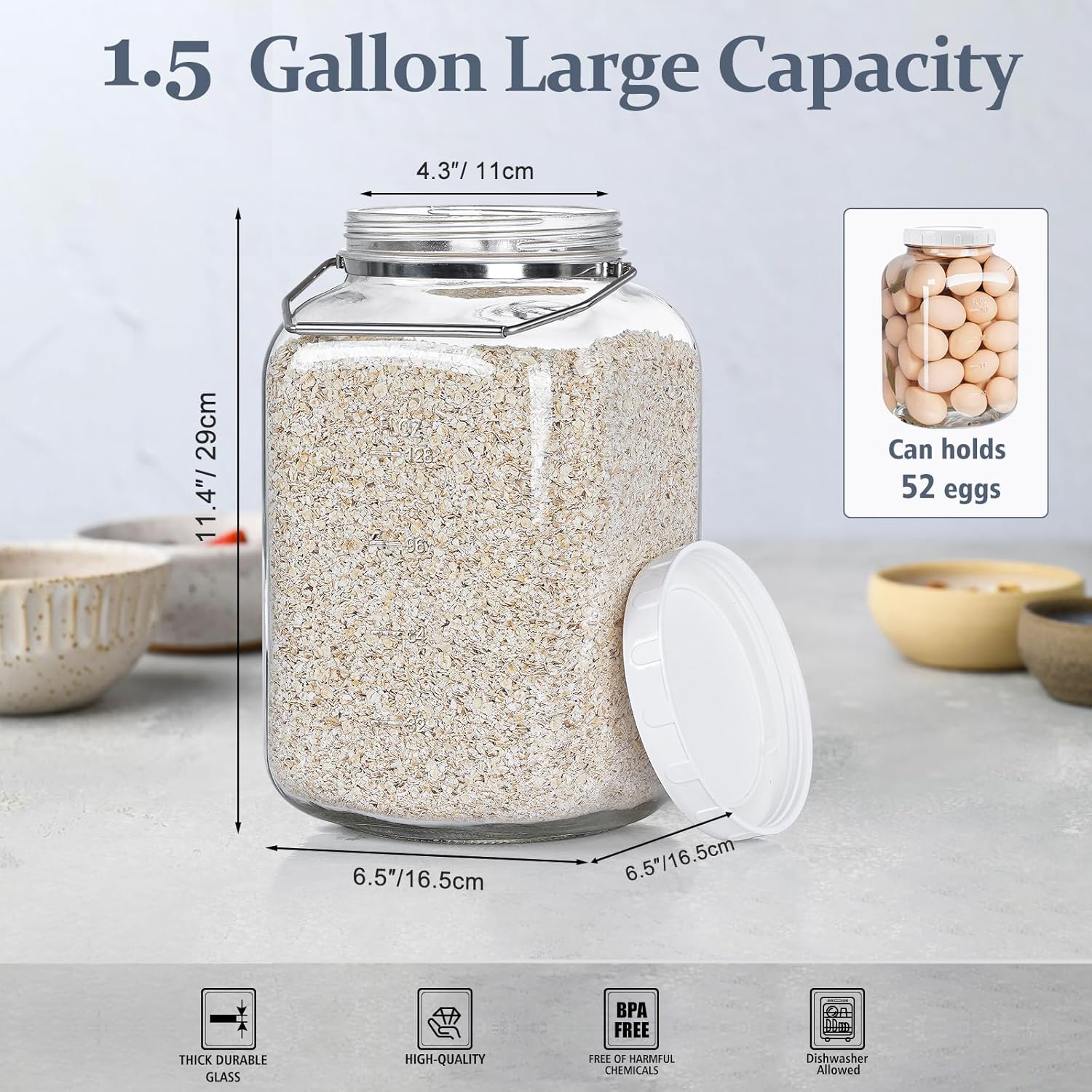 2 Pack 15 Gallon Glass Jars with Airtight Lids and Handles